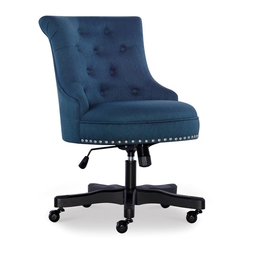Linon Sinclair Wood Upholstered Office Chair - Ergonomic Blue Desk Chair for Home & Office Workspace, Comfortable Computer Task Chair with Adjustable Height for Long Hours Sitting