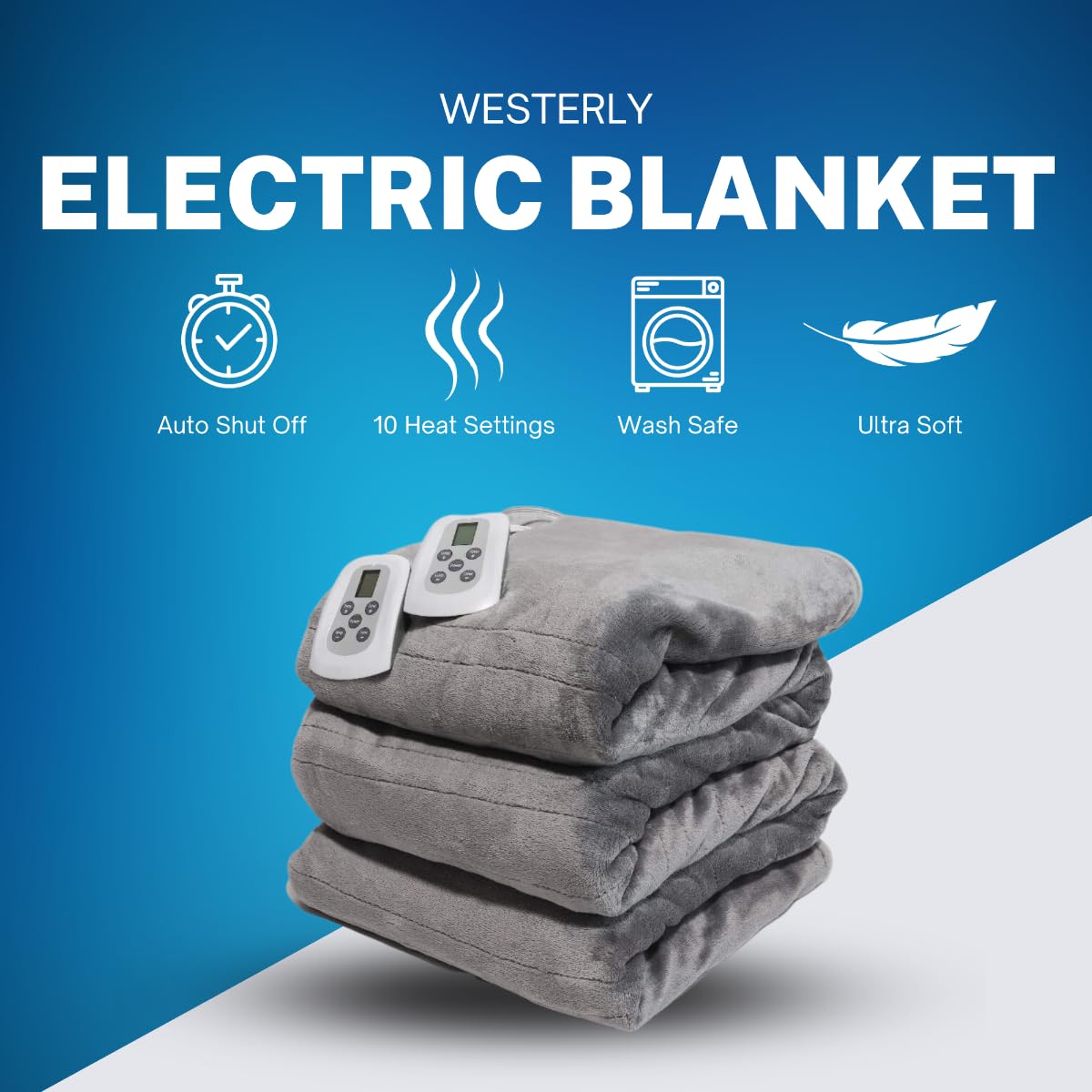 Westerly Queen Size Microlight Electric Heated Blanket with Dual Controllers - Soft & Fast Heating, Overheat Protection, Machine Washable - Perfect for Cold Nights, Bedroom & Living Room Use (Gray)
