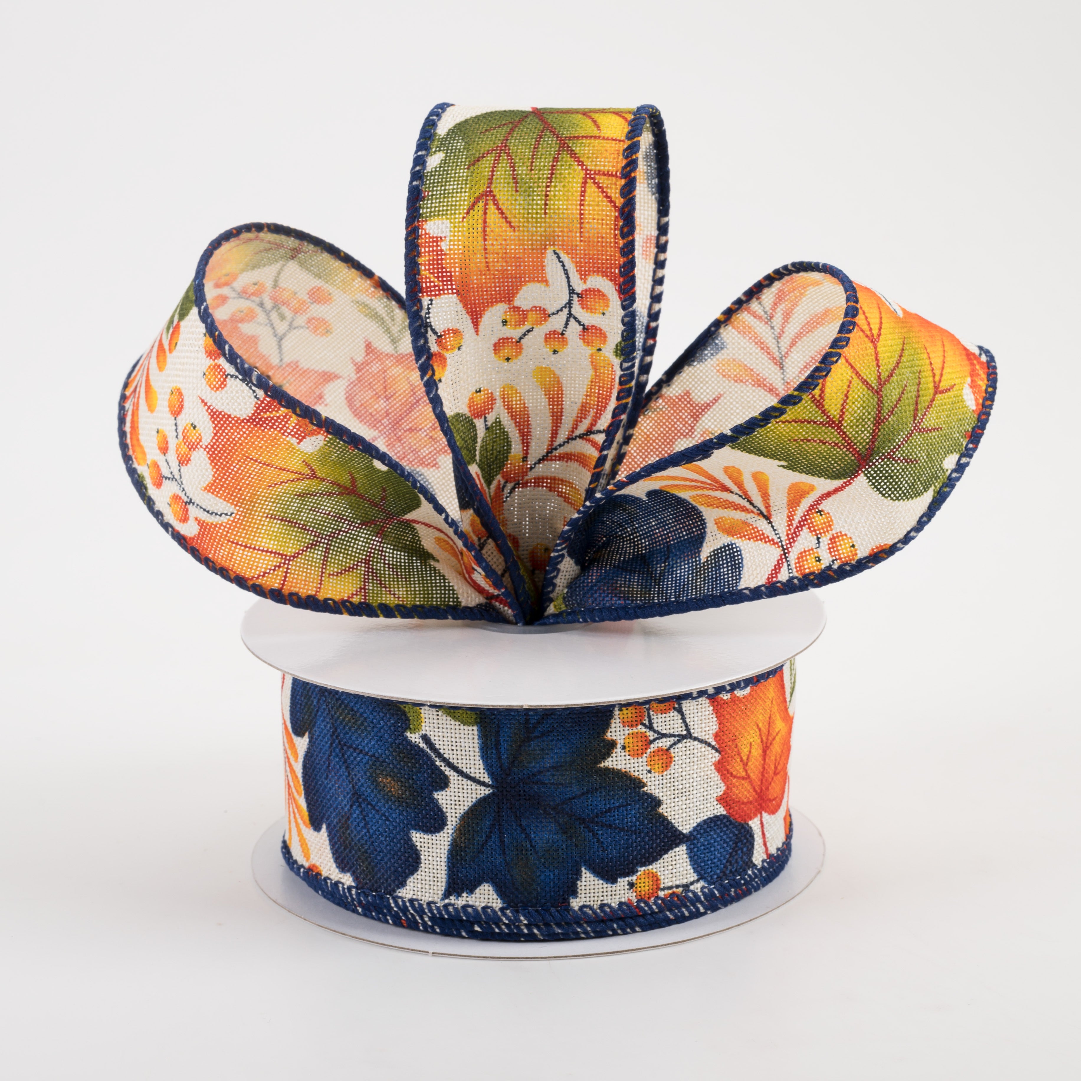 1.5 Inch Linen Navy Fall Leaves Ribbon - Ivory (10 Yards) - Perfect for Autumn Crafts, Gift Wrapping, and Seasonal Decorations