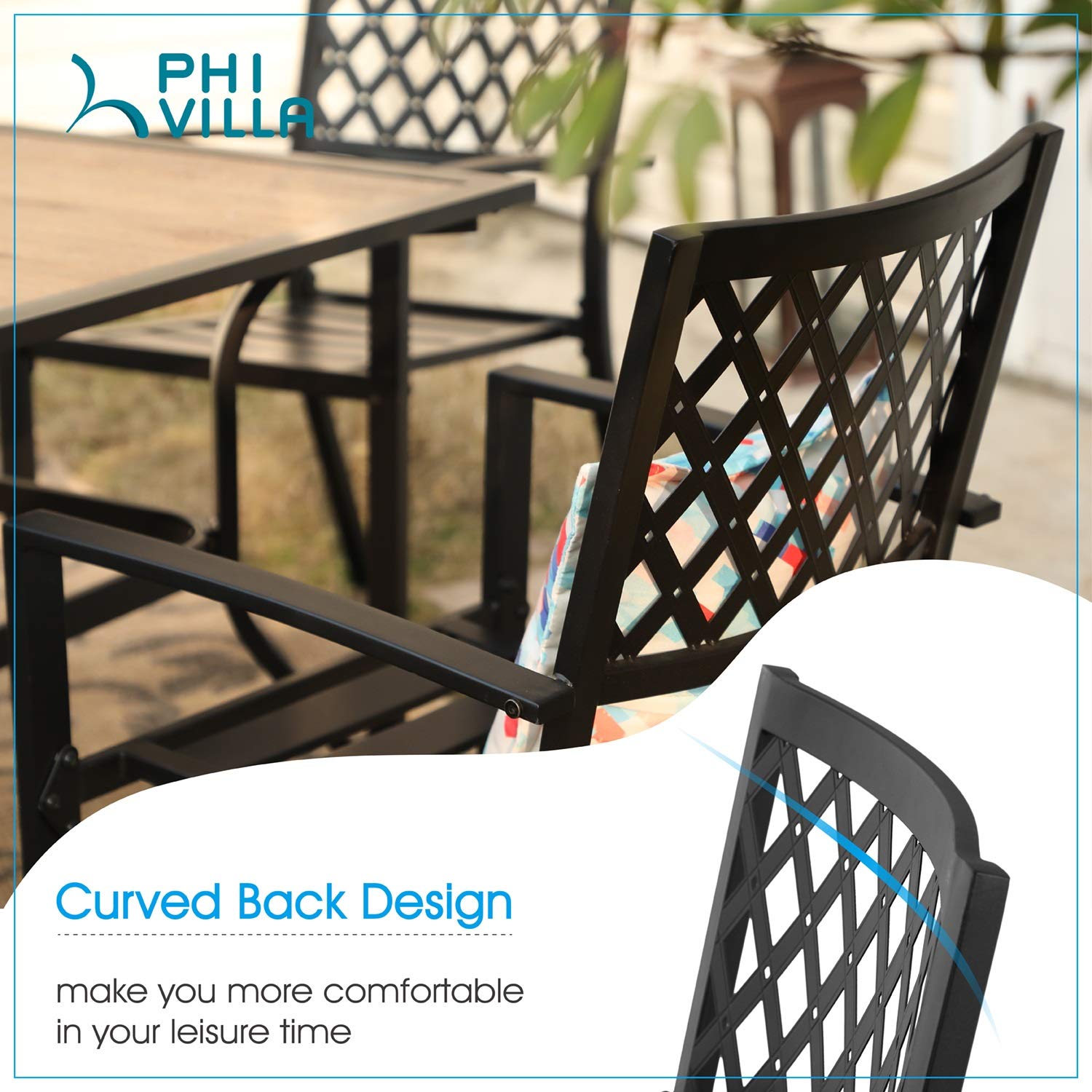 PHI VILLA Stackable Black Metal Outdoor Patio Chairs - Set of 2 Heavy Duty Wrought Iron Dining Chairs with Armrests 300 lbs Weight Capacity - Perfect for Backyard, Garden, Restaurant, Bistro & Outdoor Dining Areas