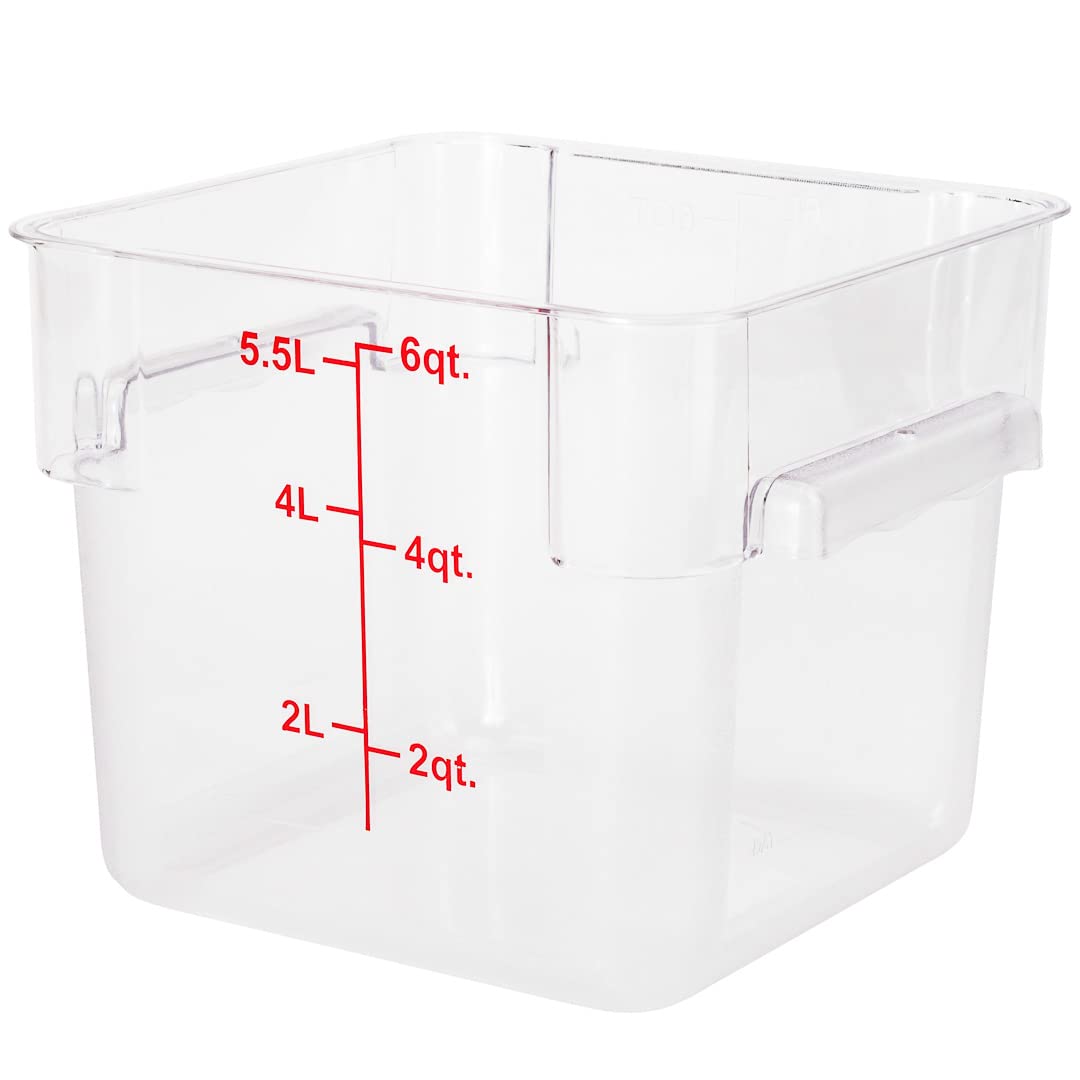 Restaurantware Met Lux 6 Quart Brine Buckets - 10 Pack Square Marinating Containers with Volume Markers & Built-In Handles | Clear & Red Plastic Dough Rising Buckets | Freezer-Safe (Lids Sold Separately) | Perfect for Commercial Kitchens, Bakeries & Food Prep