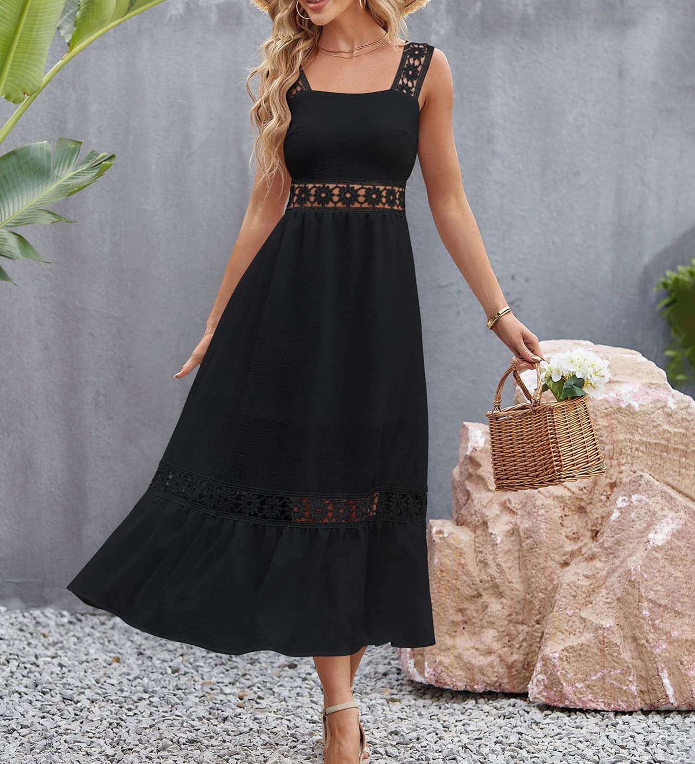 Women's Bohemian White Summer Dress - Sleeveless Lace Backless Tank Long Dress, Elegant & Fresh Slim Strap - Perfect for Beach Vacations, Weddings & Summer Parties
