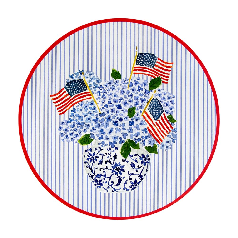 Caspari Flags and Hydrangeas Round Paper Placemats - 24 Count Set for Elegant Table Settings, Dinner Parties, and Seasonal Decorations