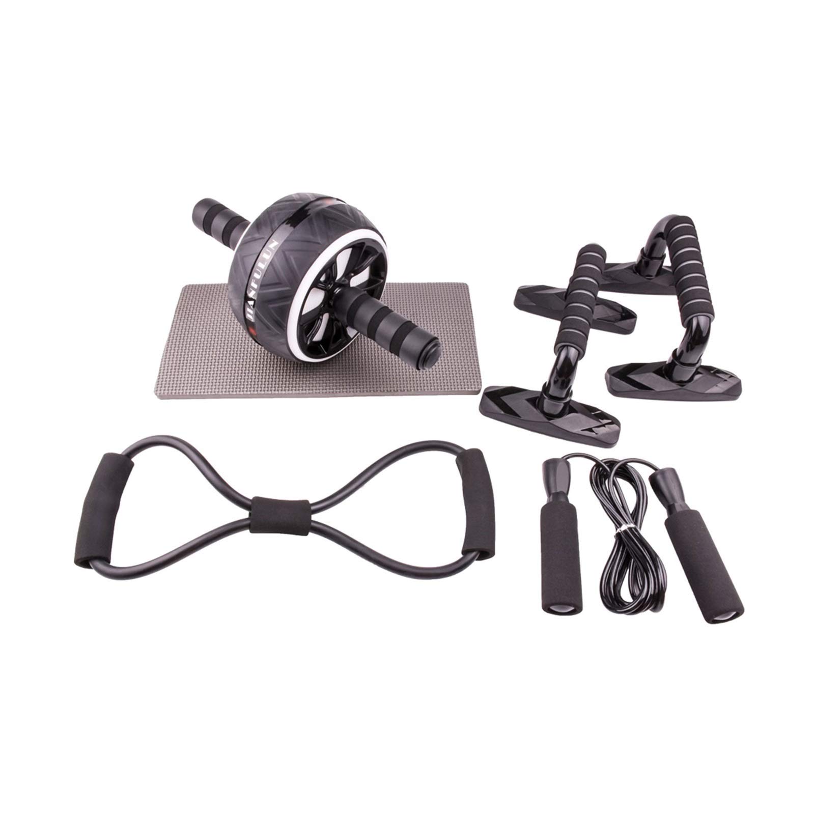 Fitness AB Wheel Roller with Jump Rope, Resistance Bands & Push Up Bar - Abdominal Exercise Equipment for Core Workout & Muscle Training (Black) - Perfect for Home Gym, CrossFit & Strength Training