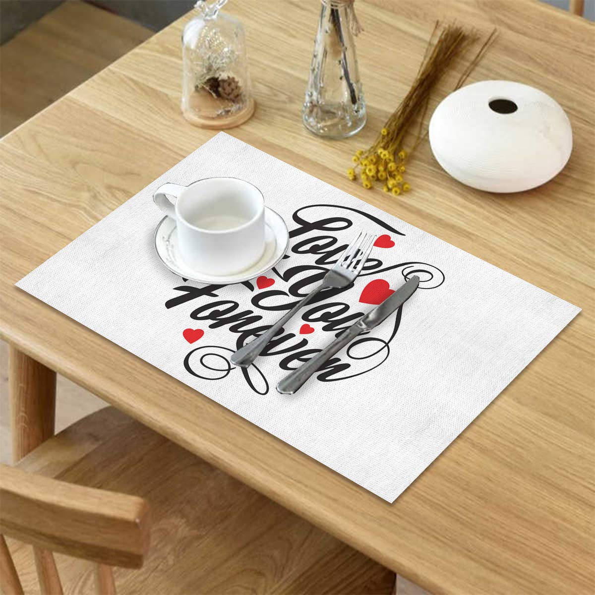 Xspring Valentine's Day Placemats Set of 6 - 'Love You Forever' Printed Burlap Place Mats for Dining Table, Round Table & Outdoor Patio - Heat Resistant, Washable, White Table Mats - Perfect for Romantic Dinners, Anniversary Celebrations & Valentine's Day Decor