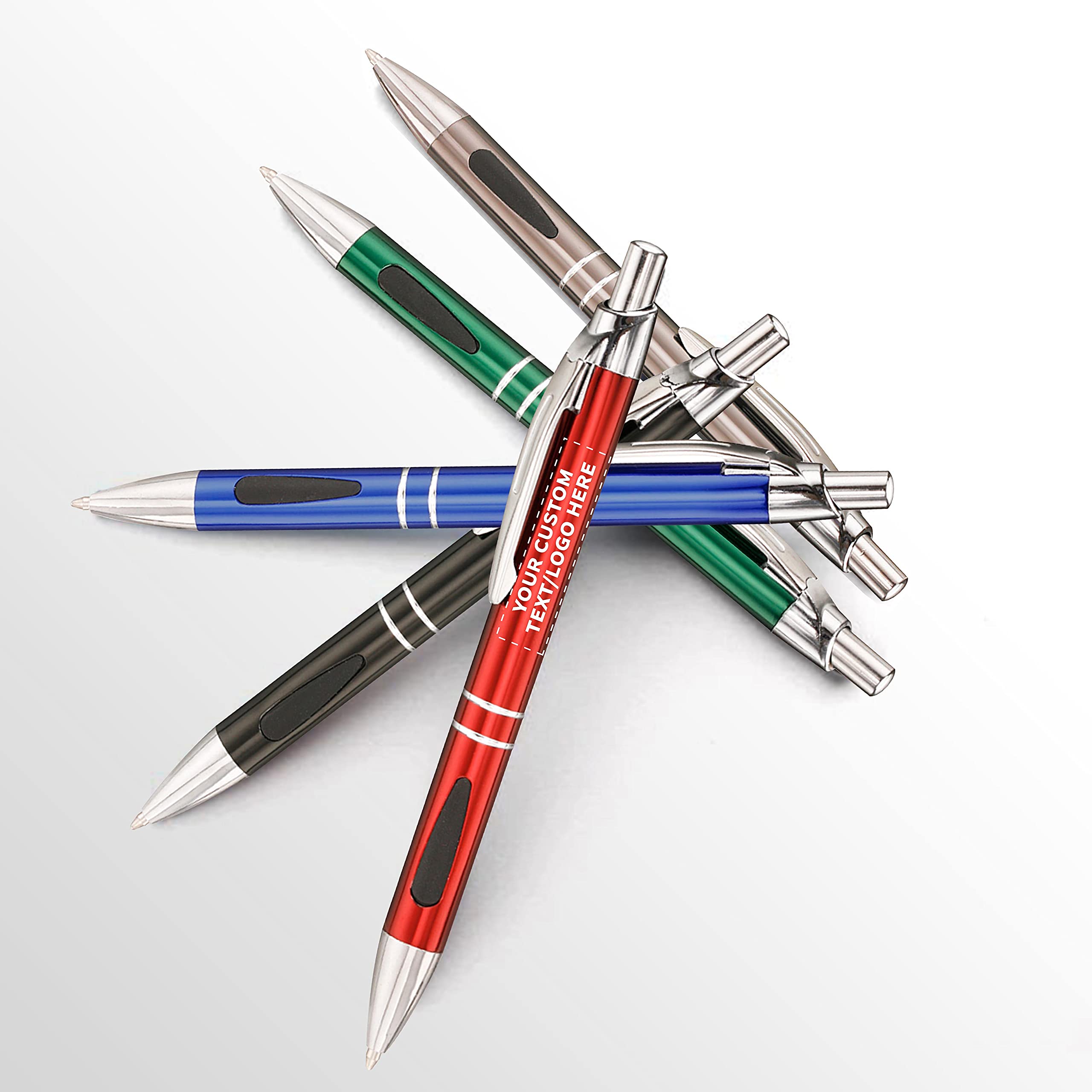 100 Pack Black Ink Metal Pens with Custom Text & Logo - Retractable Ballpoint Pens with Silver Accents - Premium Office & Business Writing Supplies for Corporate Gifts, Promotions & Everyday Use