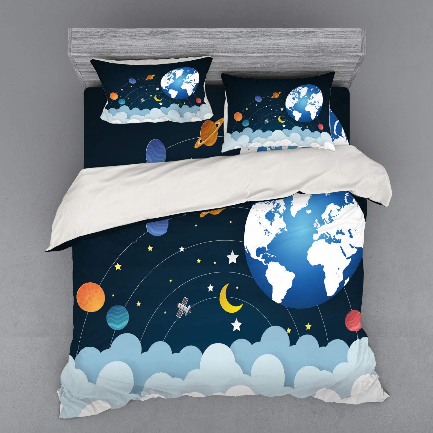 Ambesonne Galaxy Themed Bedding Set - 4 Piece King Size Duvet Cover with Pillow Shams & Fitted Sheet, Dark Petrol Blue & White Space Design - Perfect for Astronomy Lovers' Bedroom Decor