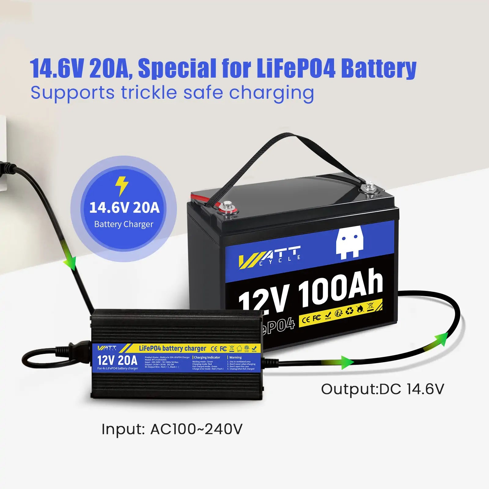 14.6V 20A LiFePO4 Battery Charger with Aluminum Shell - Fast Charging for Solar Systems, RVs, Marine & Off-Grid Power - Durable & Reliable Power Solution