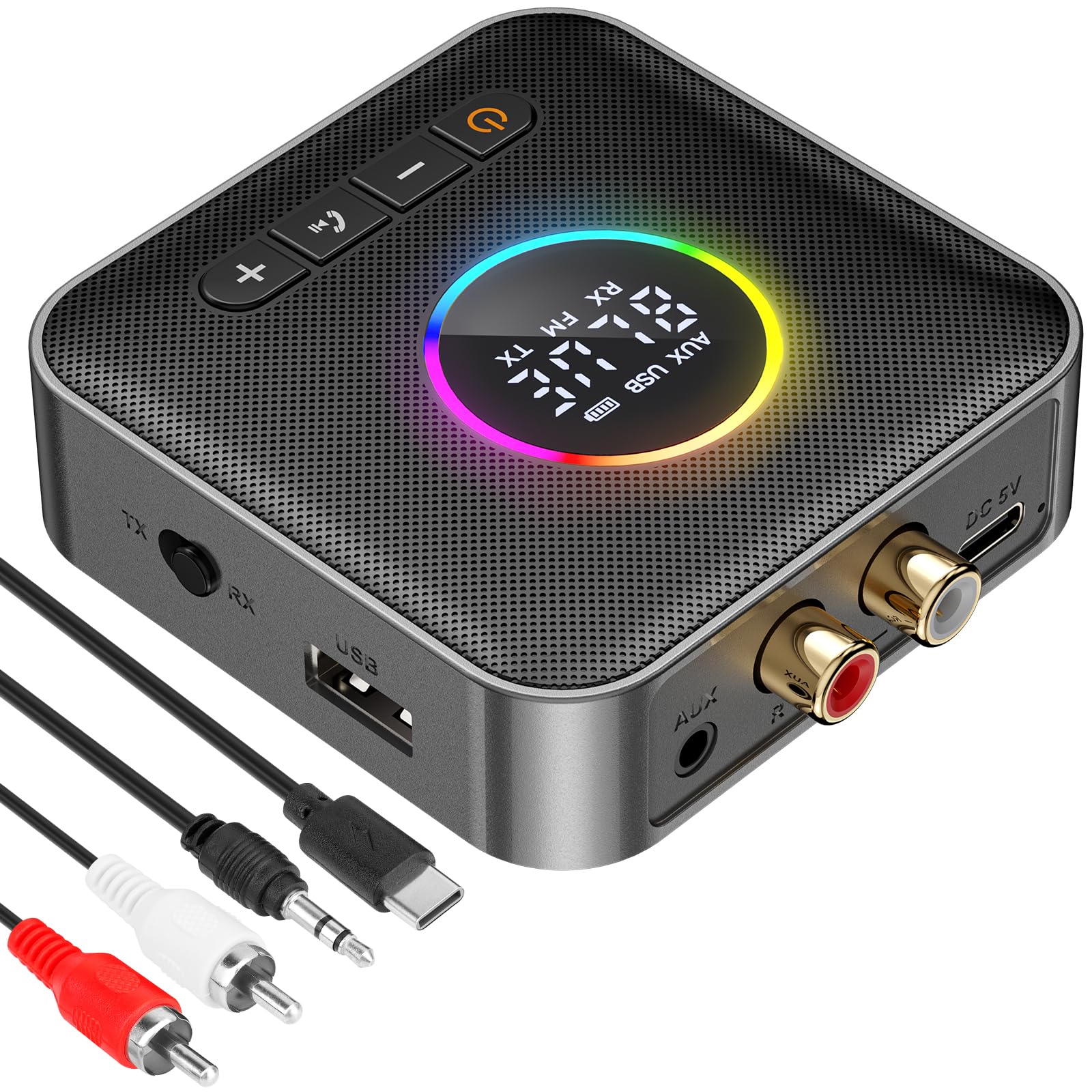 Bluetooth 5.4 Transmitter & Receiver 3-in-1 Adapter | HiFi Audio, FM Transmitter with LED Display | 3.5mm AUX, RCA, USB | for TV, Car, PC, Home Stereo, Speakers | Perfect for Streaming, Hands-Free Calls, and Wireless Audio