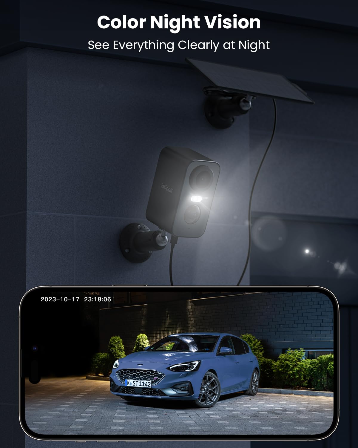 ieGeek 5MP Solar Security Camera Outdoor Wireless - Color Night Vision, Battery Powered CCTV Camera System, WiFi Home Security Camera with Motion Detection & Sound Floodlight Alert, Works with Alexa - Perfect for Backyard, Garage & Property Surveillance