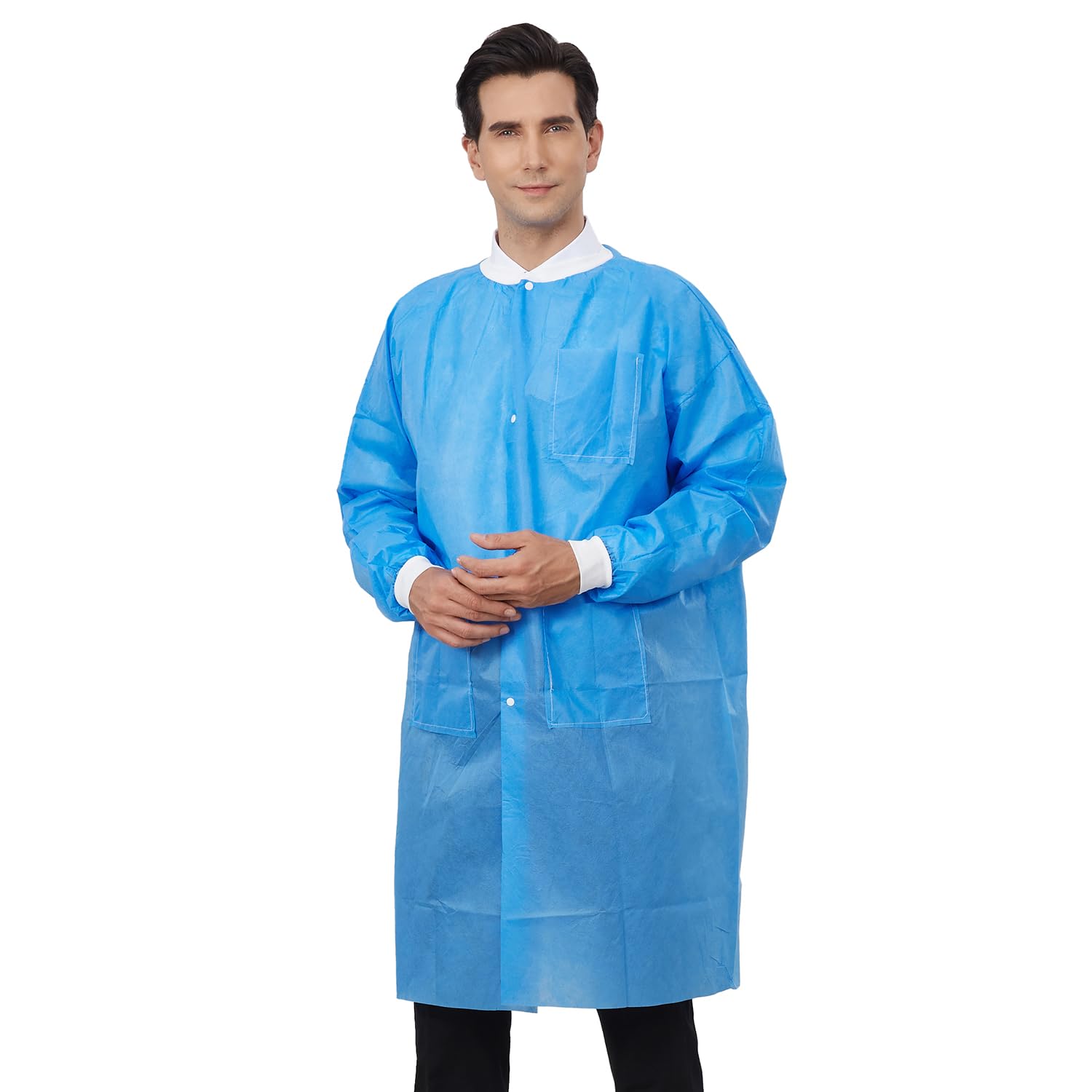 Greenour Disposable Lab Coat - Blue SMS Material with Pockets, Knitted Collar & Cuffs, Breathable & Fluid Resistant for Adults (Sizes M-2XL) - Ideal for Medical Labs, Hospitals, Research Facilities & Science Experiments