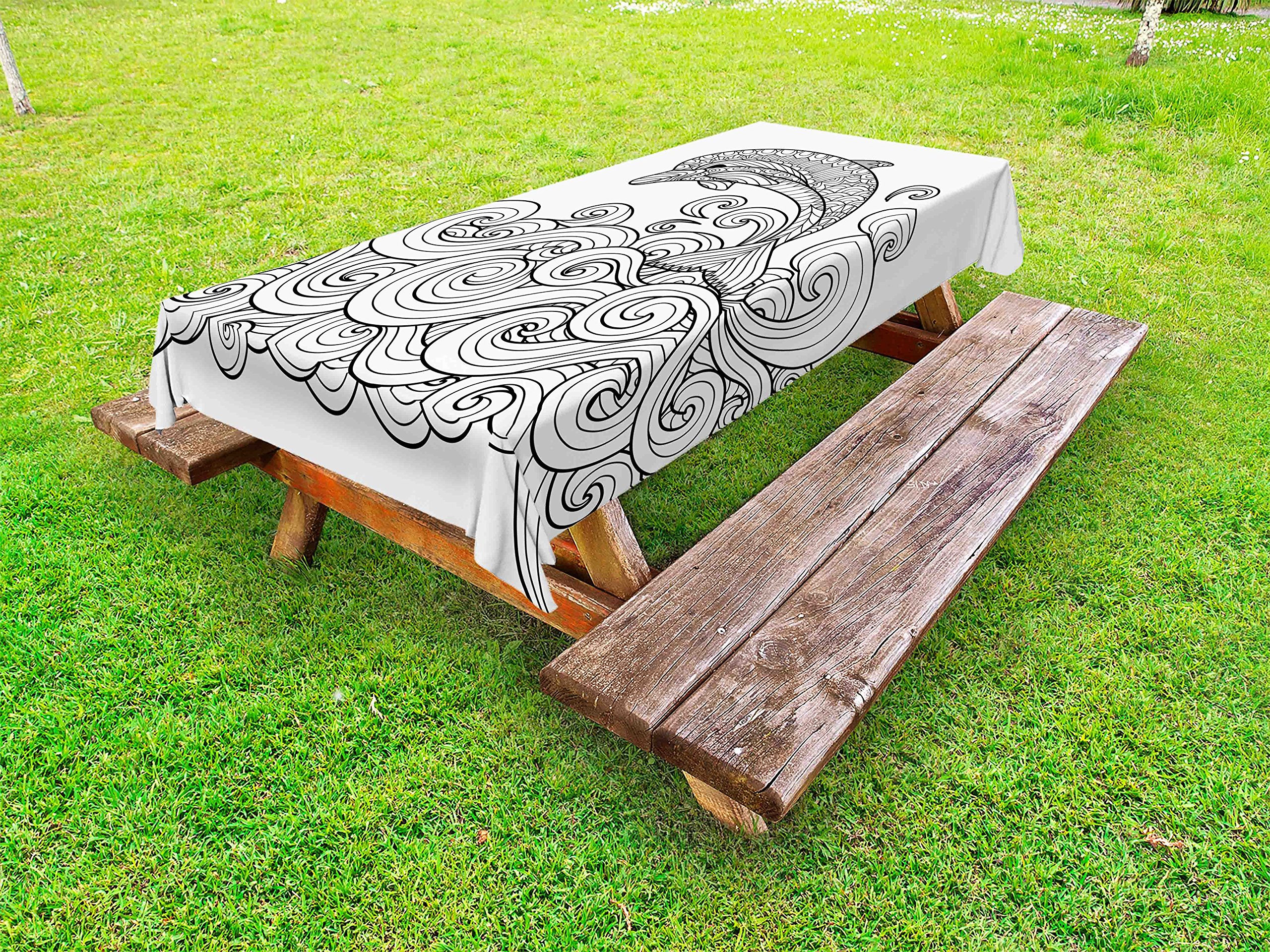 Ambesonne Waterproof Outdoor Tablecloth - Black & White Dolphin Zentangle Nautical Design with Ocean Waves - Washable Picnic Table Cover 58x104 Inches for Beach Parties, BBQs & Garden Dining
