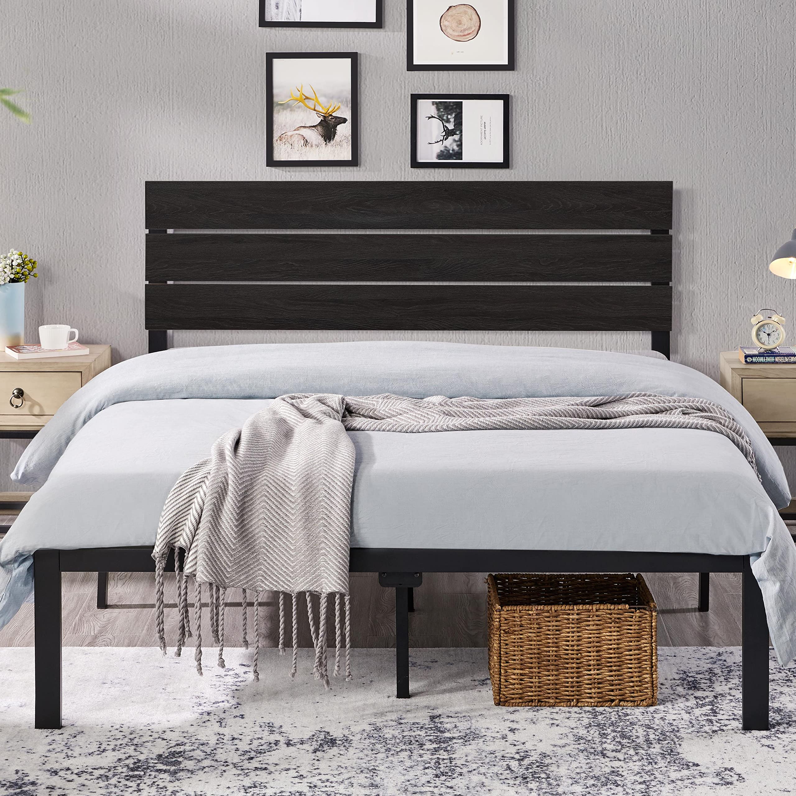 Yaheetech Queen Size Metal Platform Bed Frame with Wooden Headboard & Under Bed Storage - No Box Spring Needed, Mattress Foundation, Black Oak - Perfect for Modern Bedrooms & Guest Rooms