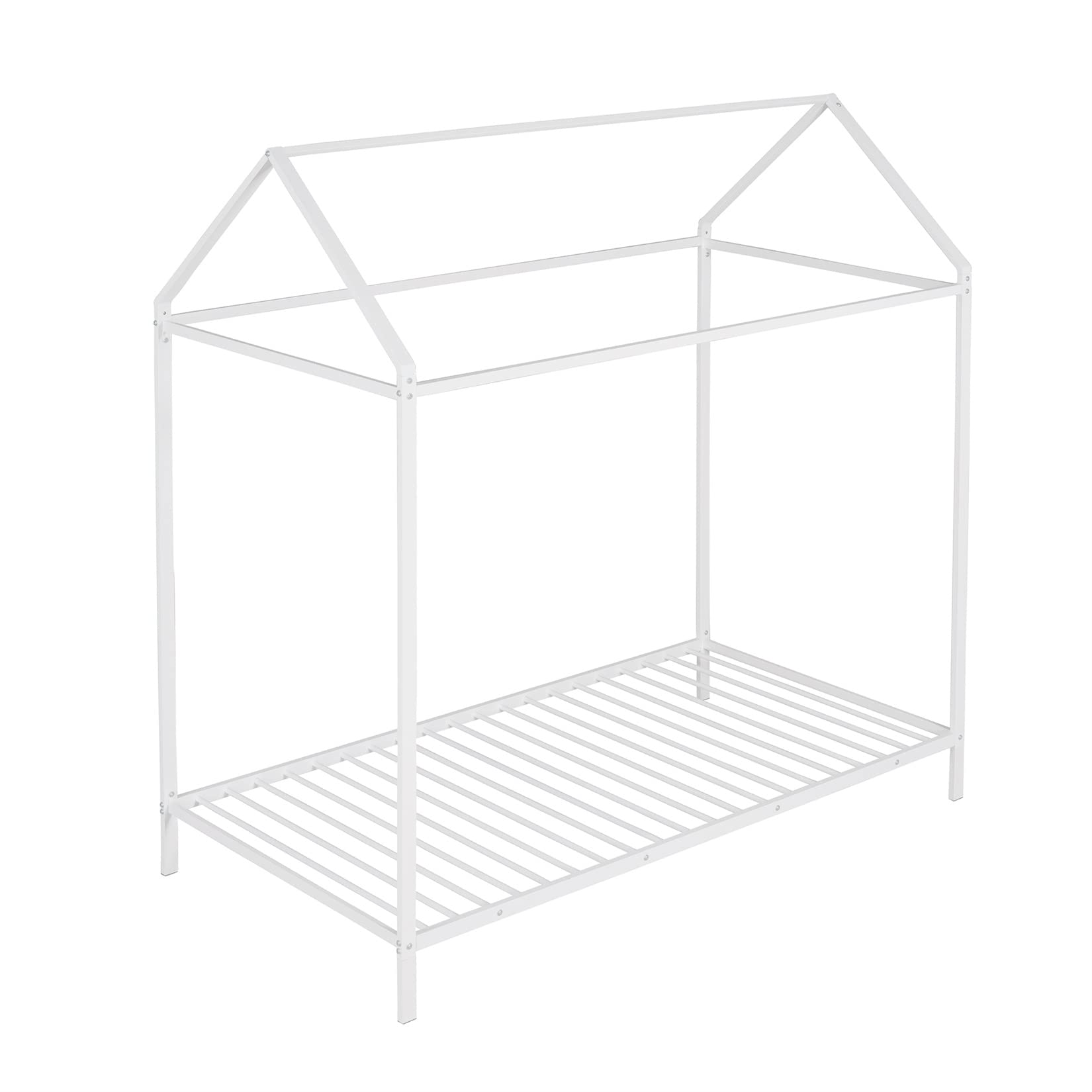 Montessori Twin House Bed Frame - White Metal Floor Bed for Toddlers, Kids, Boys & Girls | Safe & Sturdy Toddler Bed for Bedroom, Playroom & Montessori Learning Spaces