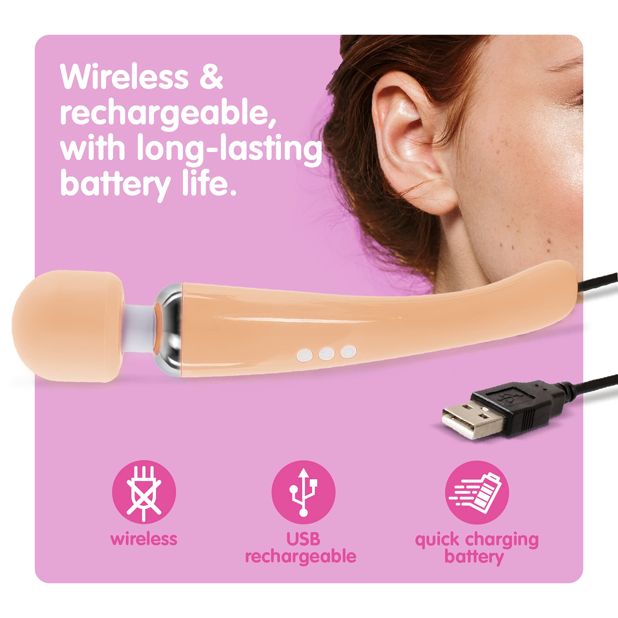 Oliver James Powerful Wand Massager - 20 Vibration Modes & 8 Speeds for G Spot & Clitoral Stimulation | Waterproof Wireless Adult Sex Toy for Women | Perfect for Couples Play & Solo Pleasure (Large, Peach)