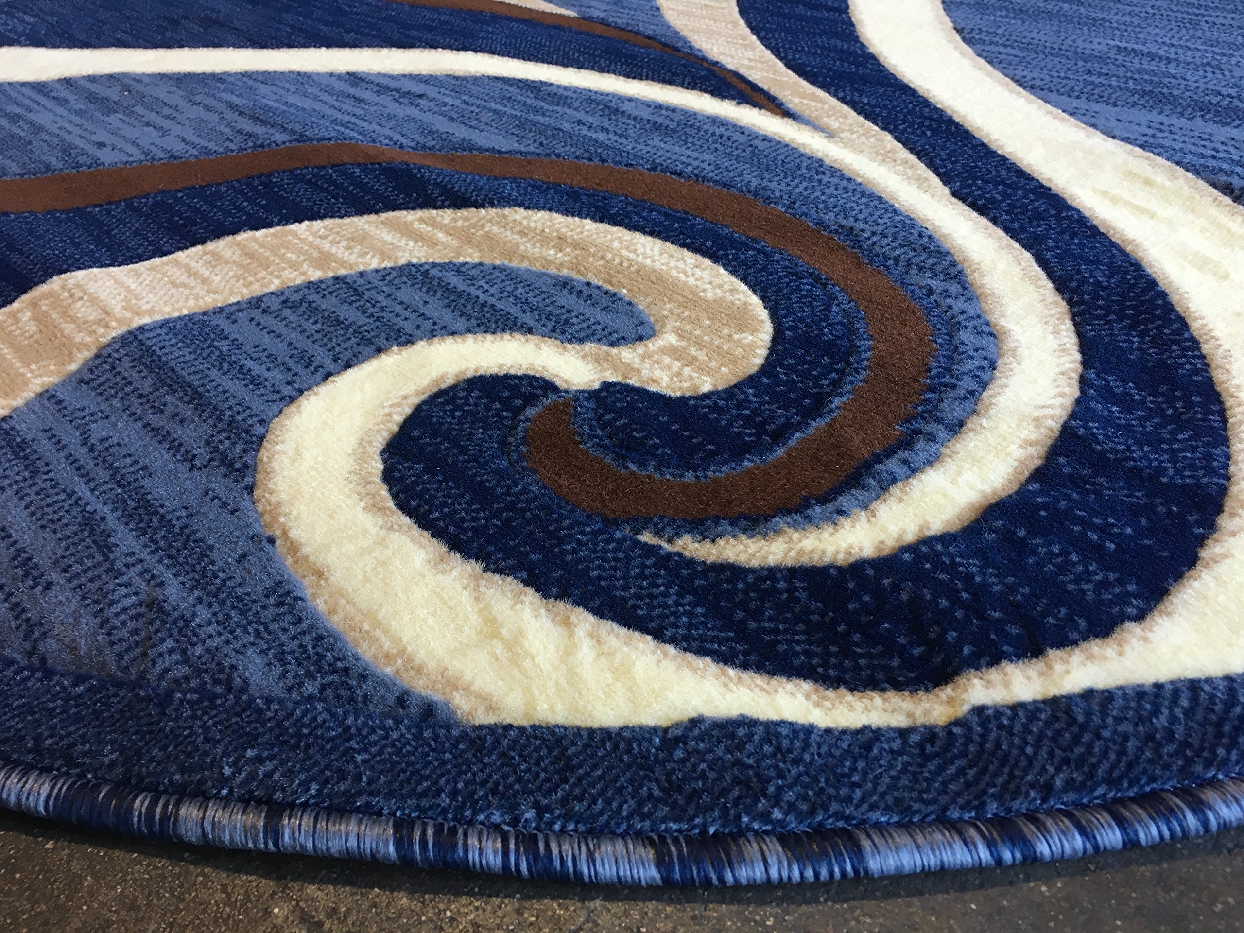 Modern Round Contemporary Area Rug 4x4 Feet - Blue & Brown Swirl Americana Design - Soft Non-Slip Living Room Rug for Bedroom, Nursery & Home Decor