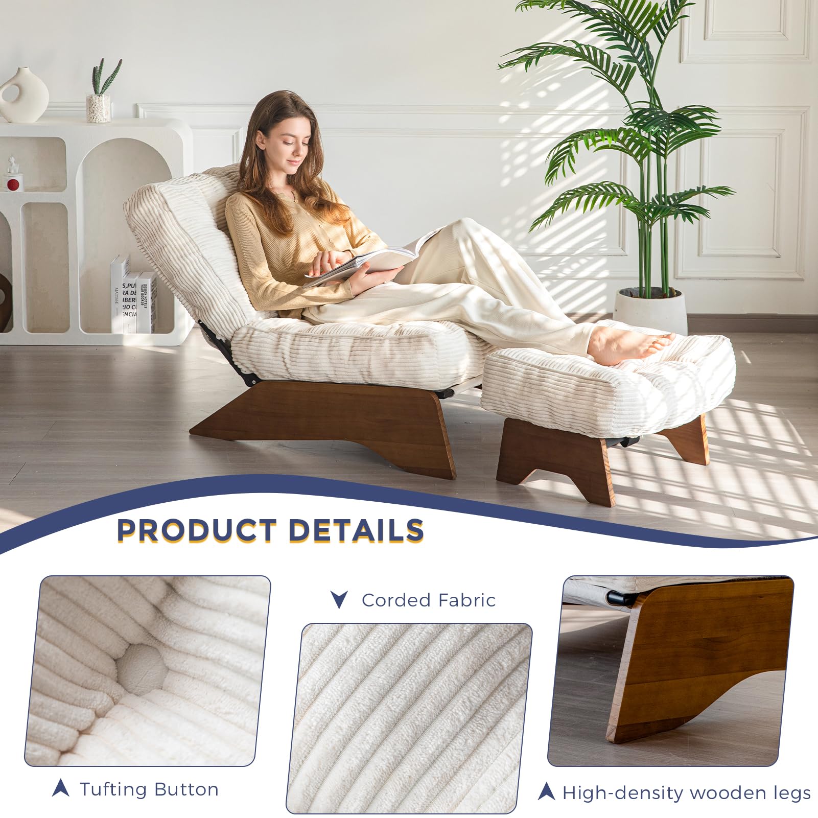 MAXYOYO Adjustable Accent Chair with Ottoman Set - Tufted Lounge Chair in Beige for Living Room, Bedroom & Office Comfort