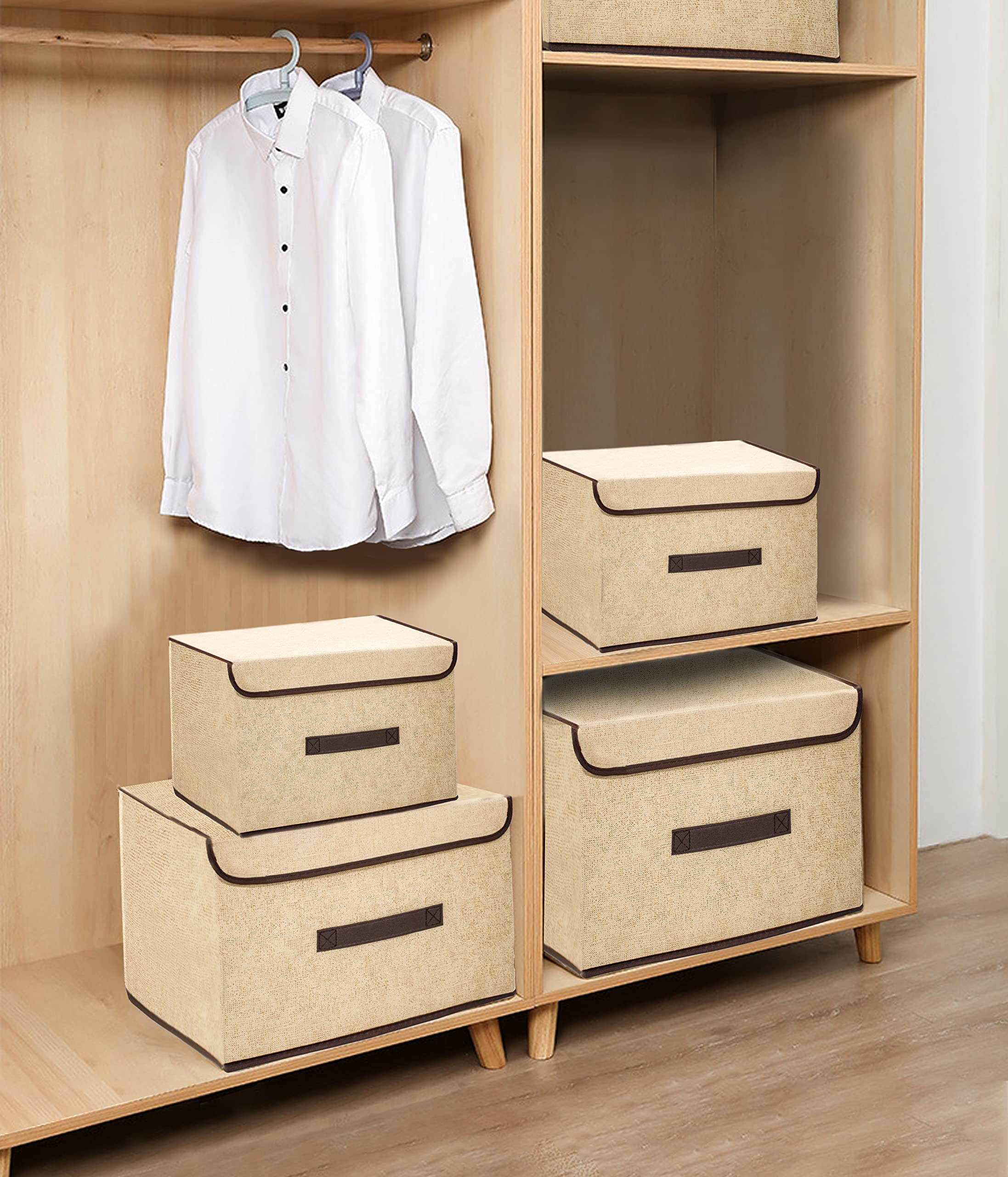 4-Pack Beige Fabric Storage Boxes with Lids - Foldable, Collapsible Closet Organizer for Clothes, Toys & Home Organization | Dustproof & Space-Saving Storage Solution for Bedroom, Closet & Nursery