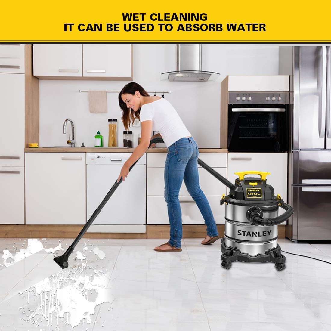 STANLEY 6 Gallon Wet Dry Vacuum Cleaner - 4 Peak HP Stainless Steel 3-in-1 Shop Vac with Blower Function | Powerful Multi-Purpose Vac for Home, Garage, Workshop, Jobsite, Basement Cleaning | Ideal for DIY Projects, Construction Debris, Liquid Spills, and Heavy Duty Cleaning Tasks (Model SL18116)