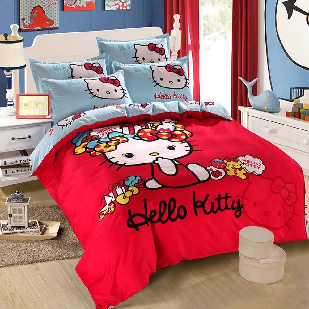 Hello Kitty Twin Size 4-Piece Kids Bedding Set - Duvet Cover, Pillowcase, Flat Sheet & Comforter for Girls & Teens (White) - Perfect for Kids' Rooms, Sleepovers & Cozy Bedtime
