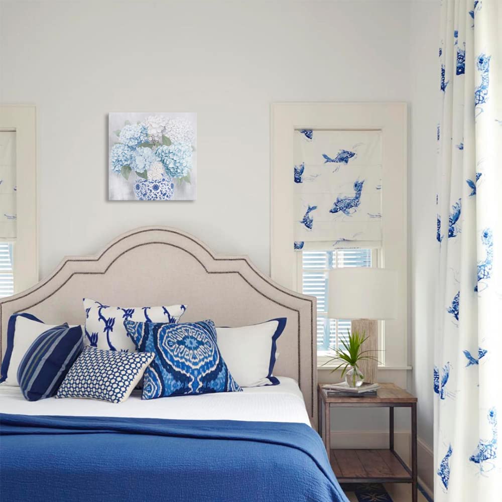 Blue and White Chinoiserie Hydrangea Canvas Wall Art - Oriental Chinese Porcelain Vase Flower Painting - 12x12 Inch Framed Print for Bedroom, Bathroom, Living Room Decor - Perfect for Home, Office & Gift Giving
