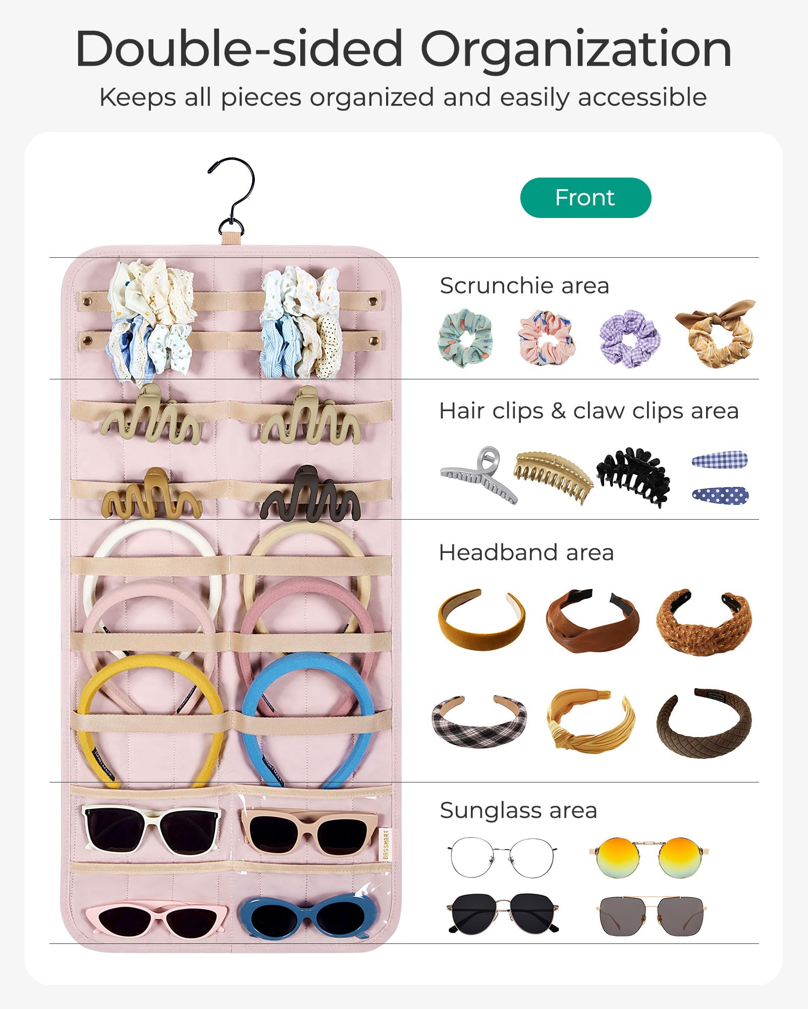 BAGSMART Double-Sided Hanging Jewelry Organizer - Claw Clip Holder for Headbands, Sunglasses, Hair Clips & Accessories - Space Saving Wall, Closet & Door Storage (Large, Baby Pink) - Perfect for Bedroom, Bathroom & Travel Organization