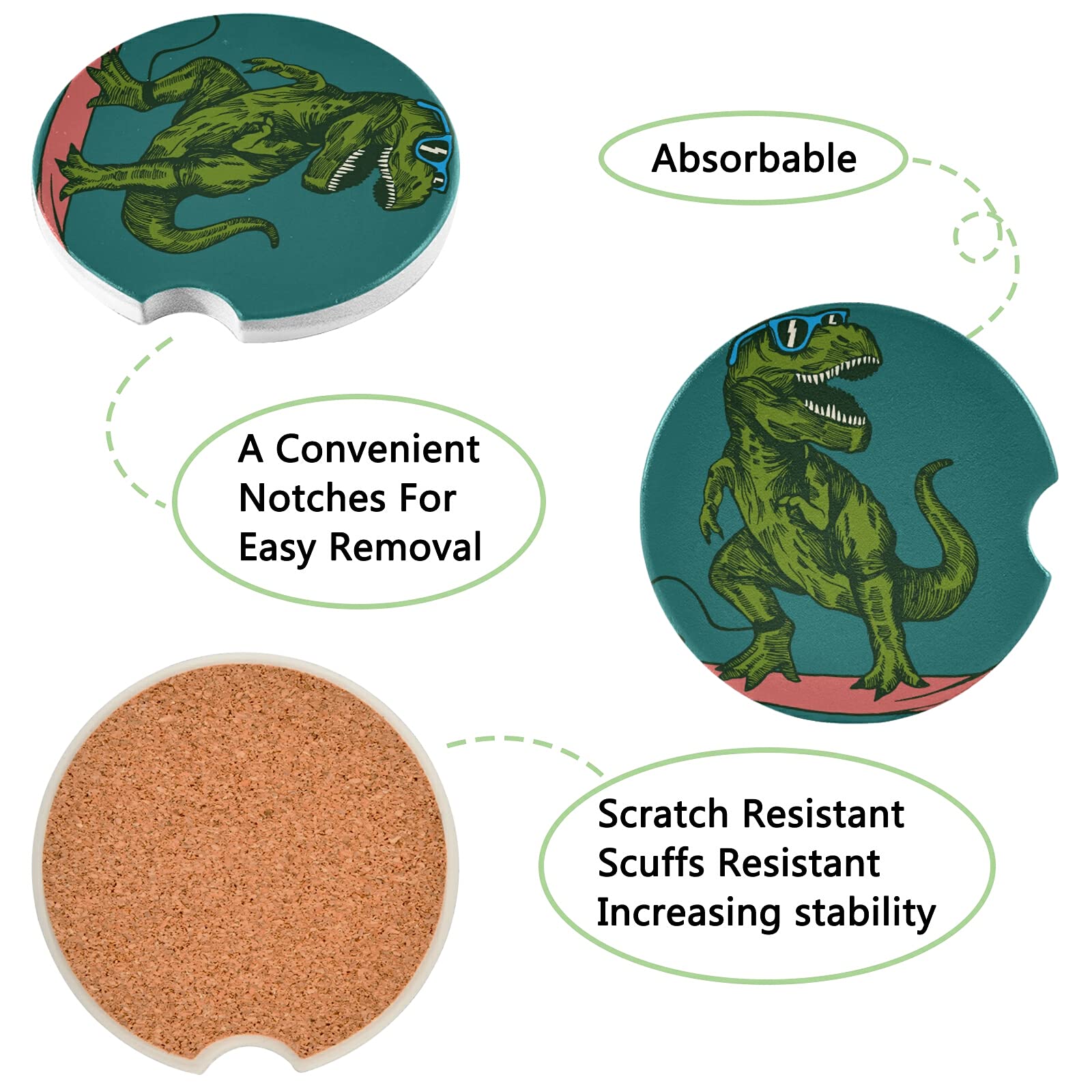 Funny Dinosaur Car Coasters 2 Pack - Absorbent Ceramic Cup Holder Coasters for Drinks - Cute Car Accessories for Men & Women (2.56in) - Perfect for Road Trips, Office Desks & Home Use
