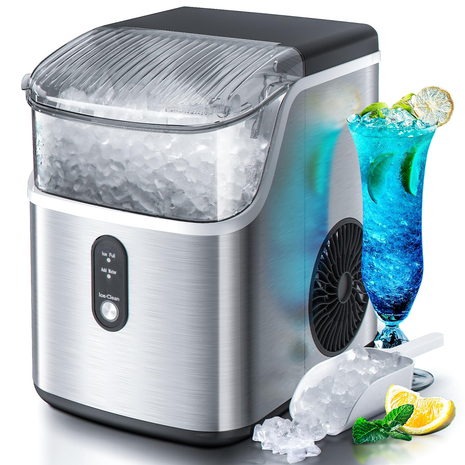 Portable Countertop Ice Maker with Soft Chewable Pellet Ice - 34Lbs/24H, Self-Cleaning, One-Touch Operation - Stainless Steel Sonic Ice Machine for Kitchen, Office, Bar, RV & Outdoor Entertaining