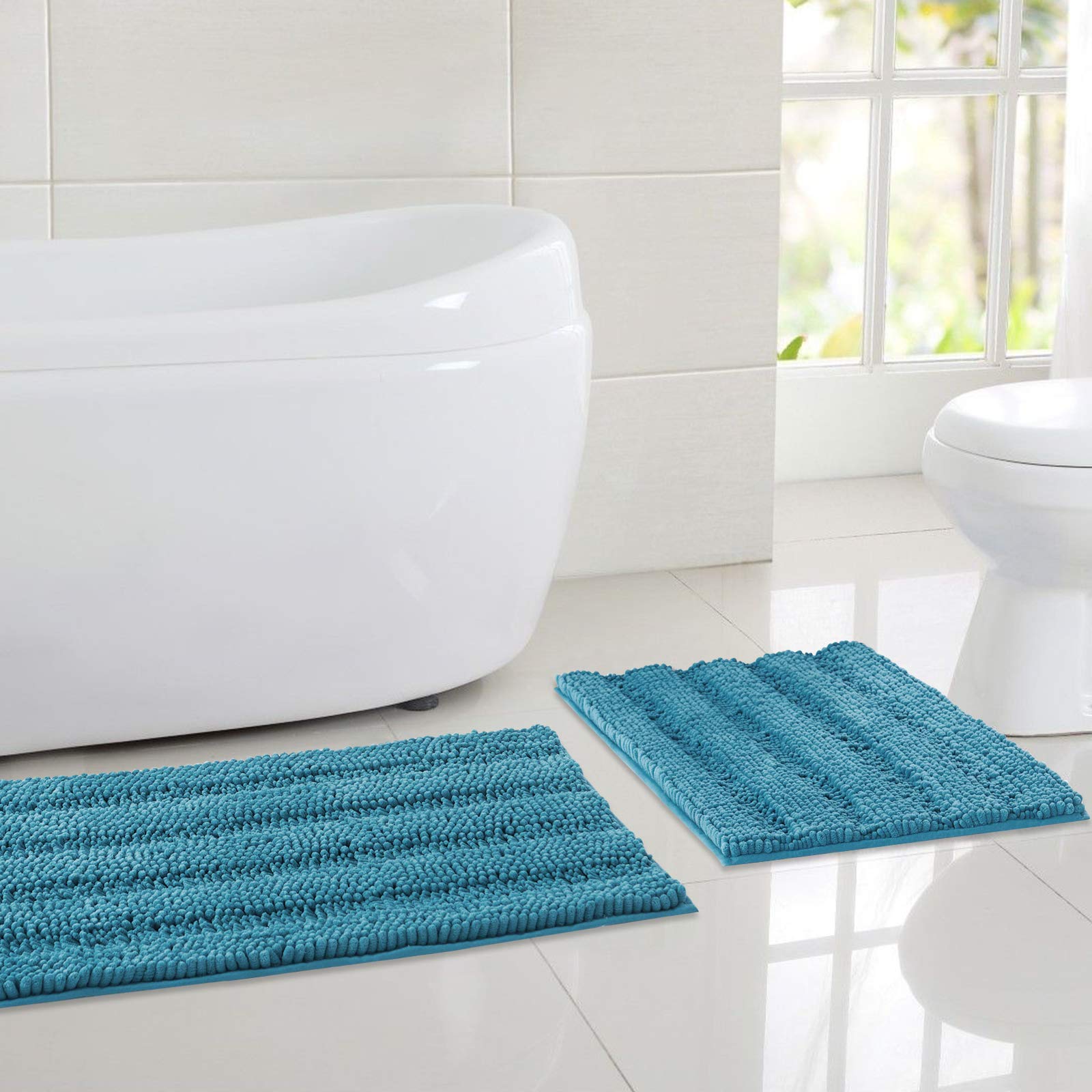 NICETOWN Non-Slip Bathroom Rugs - Ultra Absorbent Soft Fluffy Microfiber Bath Mats, Quick Dry Striped Design for Kids, Pets & Baby Nursery (Teal Blue, Set of 2 - 20