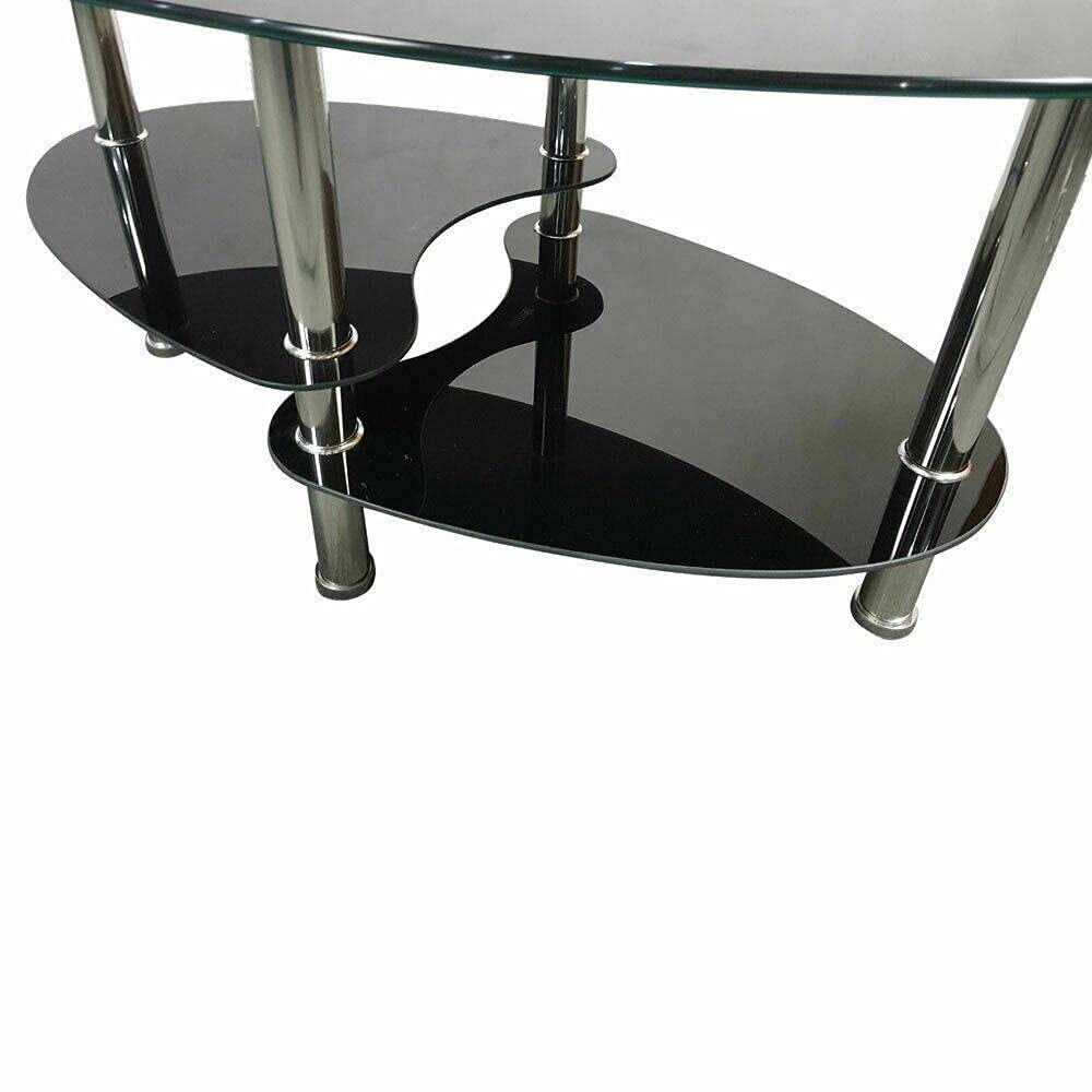 Modern Black Glass Oval Coffee Table with Chrome Base - Stylish Side Shelf & Lift Top Design for Living Room, Lounge, or Office - Durable & Elegant Home Decor Furniture