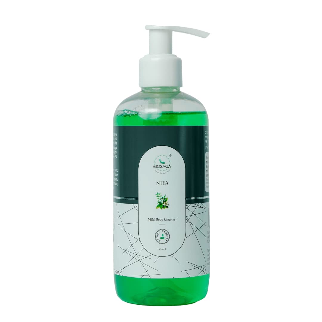 Biosaga NTEA Body Wash with Neem & Tea Tree Extract - Mild Herbal Cleanser for Oily & Acne-Prone Skin - Hydrating Anti-Pollutant Acne Treatment for Men & Women (300ml) - Perfect for Daily Shower & Post-Workout Skin Care