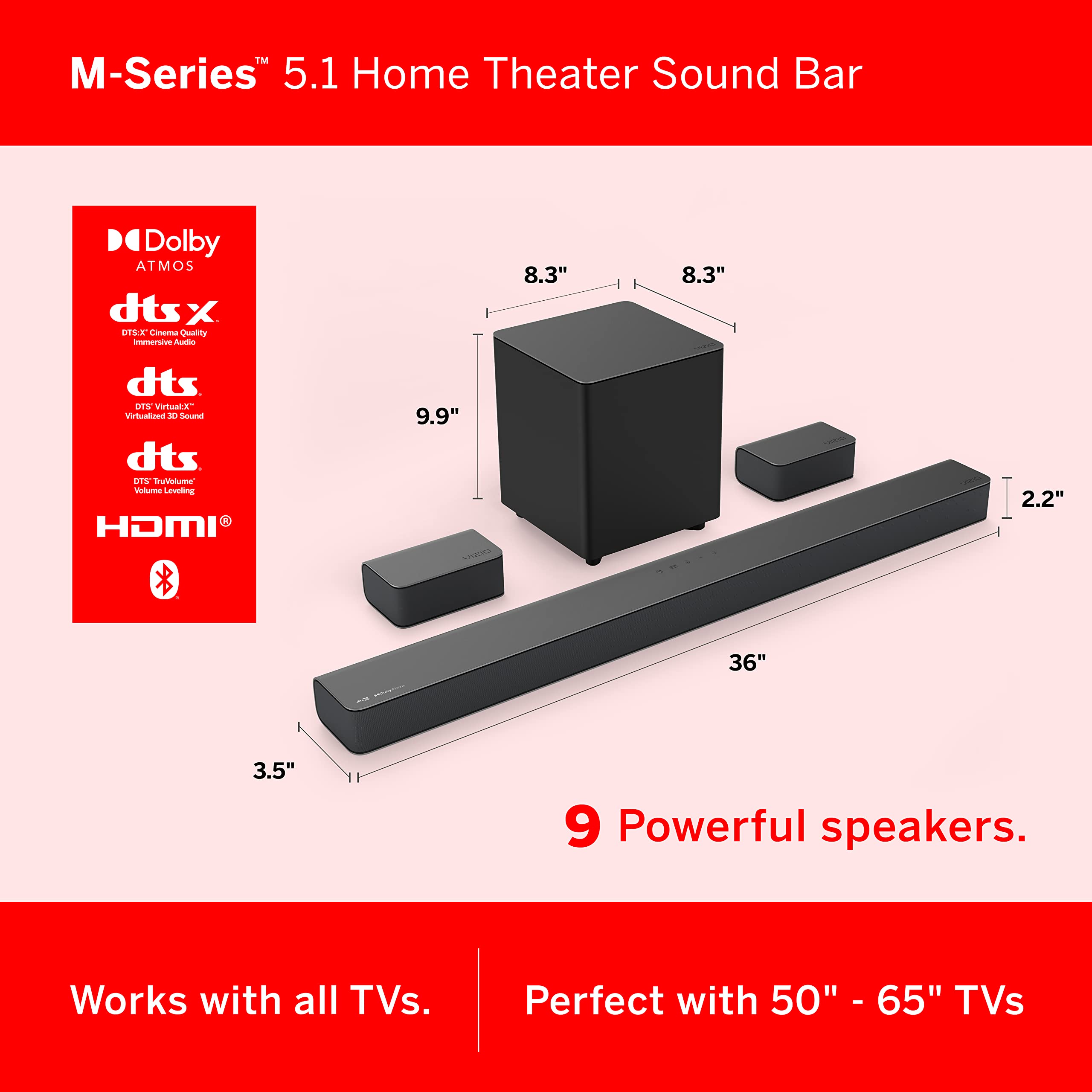 VIZIO M-Series 5.1 Premium Sound Bar with Dolby Atmos & DTS:X - Wireless Bluetooth Soundbar with Subwoofer, Alexa Compatible (M51ax-J6, 2022 Model) - Perfect for Home Theater, Movie Nights & Gaming
