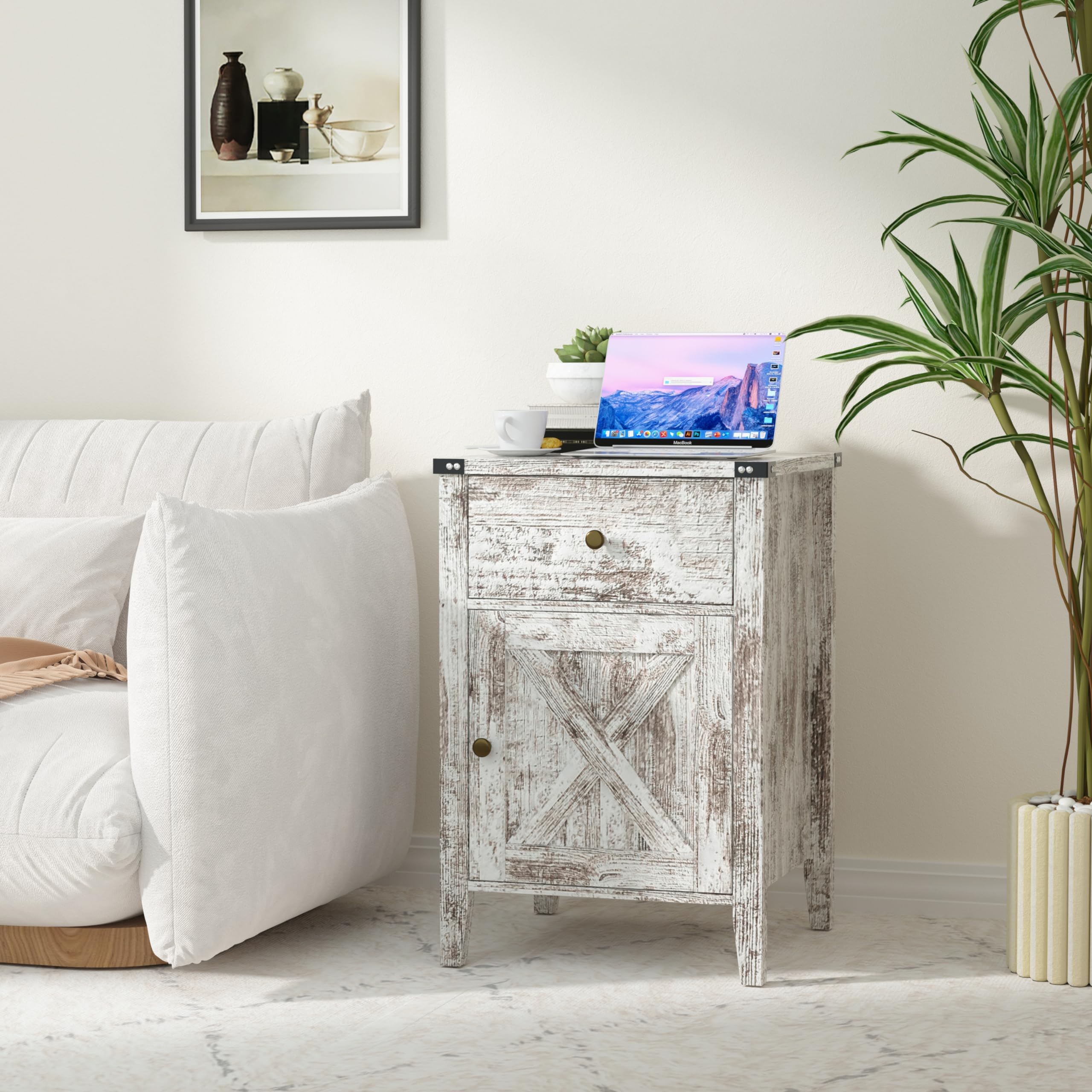 Rustic Barnwood Nightstand Set of 2 - Farmhouse Side Tables with Barn Door & Drawers - Weathered Oak Style Bedroom End Tables in Grey Wash White (No USB Charging) - Perfect for Master Bedroom, Guest Room or Cabin Decor