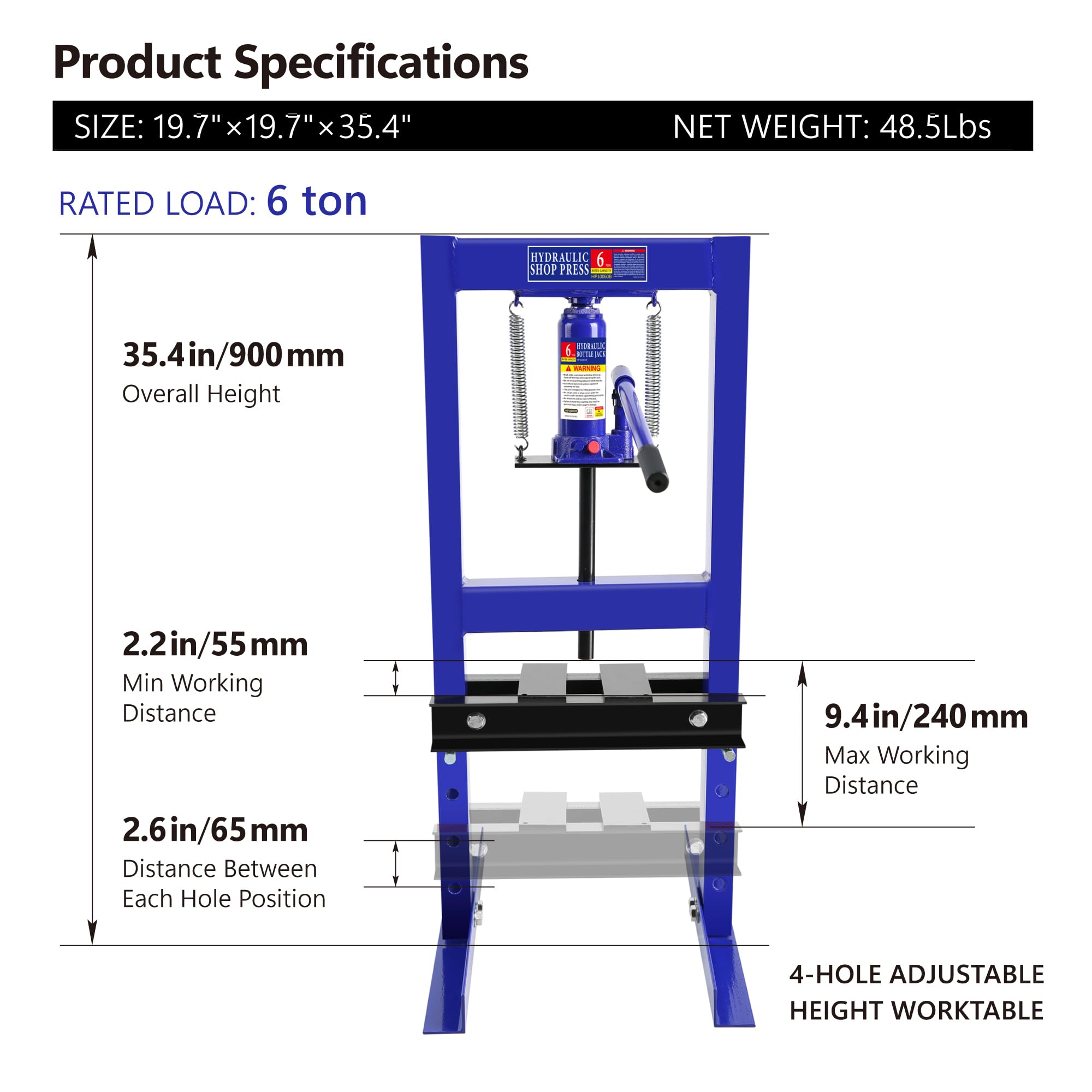 6 Ton Hydraulic Shop Press - H-Frame Garage Floor & Benchtop Press with Adjustable Plates | Heavy Duty Metalworking, Automotive Repair & DIY Projects | Pullafun Blue Hydraulic Press
