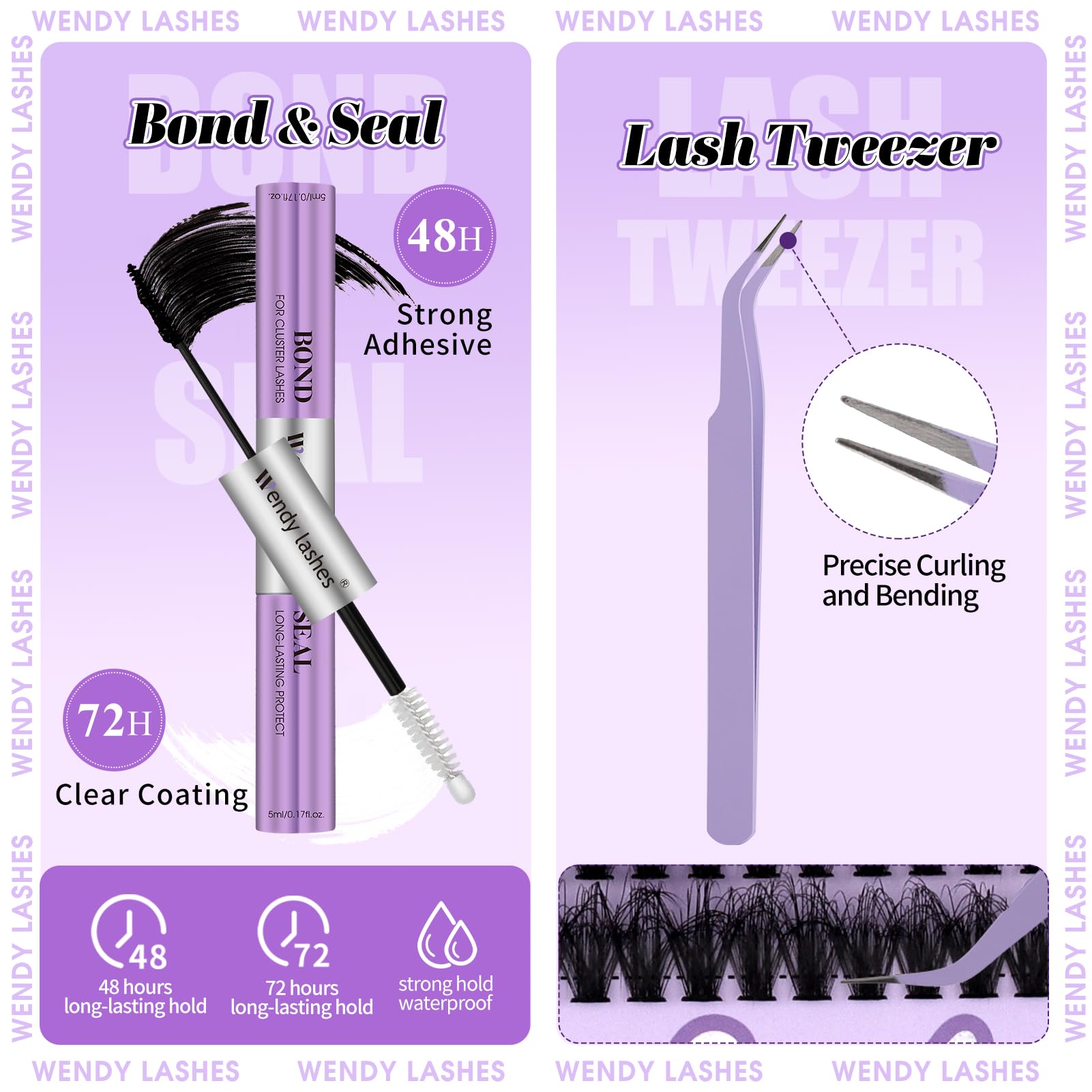 WENDY DIY Eyelash Extension Kit - 3D Volume 50D Cluster Lashes with Bottom Lashes, Bond & Seal, Professional Tweezers | Wispy Soft Individual Lashes for Beginners (10-16mm) | Perfect for Daily Wear, Special Occasions & Professional Makeup