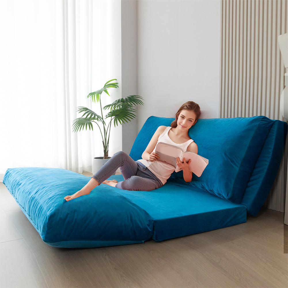 MAXYOYO Velvet Bean Bag Folding Sofa Bed - Washable Cover for Adults, Blue | Comfortable Floor Seating for Living Room, Bedroom & Dorm