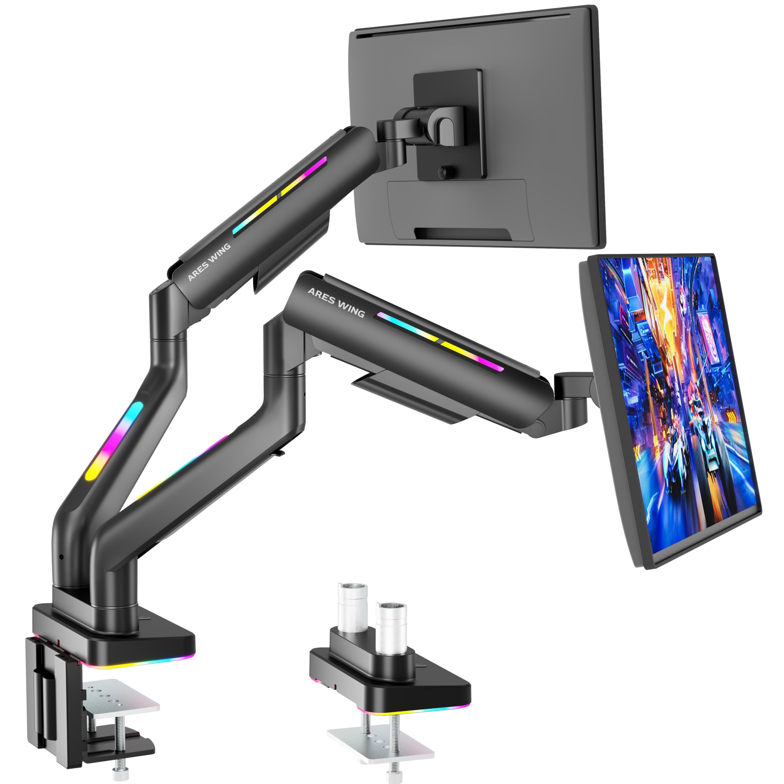 ARES WING Dual Monitor Arm Stand for 17-35 Inch Screens - Heavy Duty Adjustable Gas Spring RGB Monitor Mount with Clamp/Grommet Base, 75/100mm VESA Compatible - Perfect for Gaming Setup, Home Office & Workstation (Black)