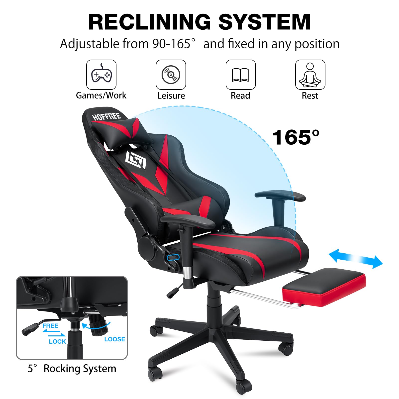 HOFFREE RGB Gaming Chair with Bluetooth Speakers, Massage & LED Lights - Ergonomic Racing Gamer Chair with Footrest, High Back Computer Desk Chair for PC Gaming (Red & Black) - Perfect for Esports, Streaming & Home Office Setup
