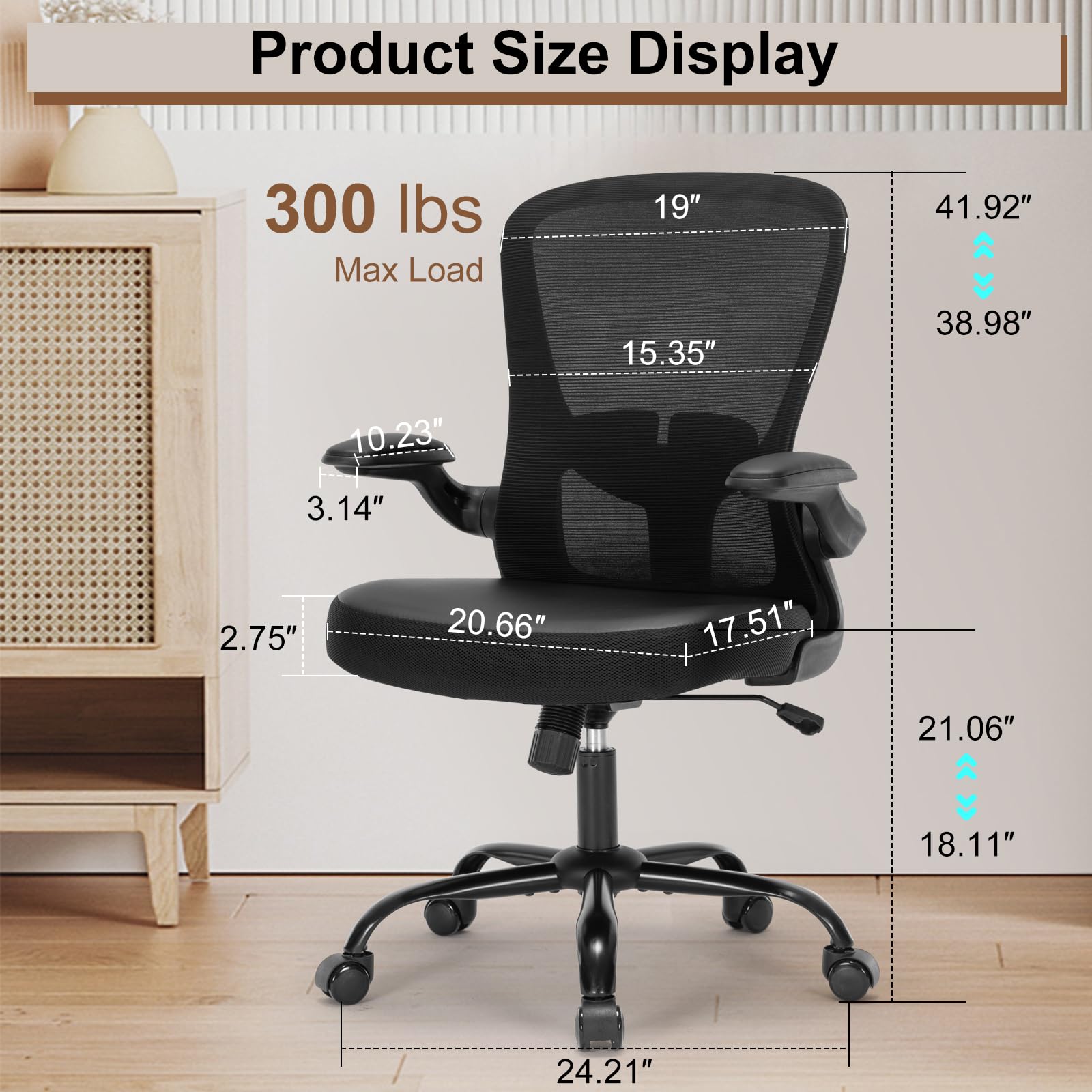 Ergonomic Office Chair with PU Leather Cushion, Adjustable Lumbar Support & Flip-Up Arms - Comfortable Computer Desk Chair for Home Office, Gaming & Workspace