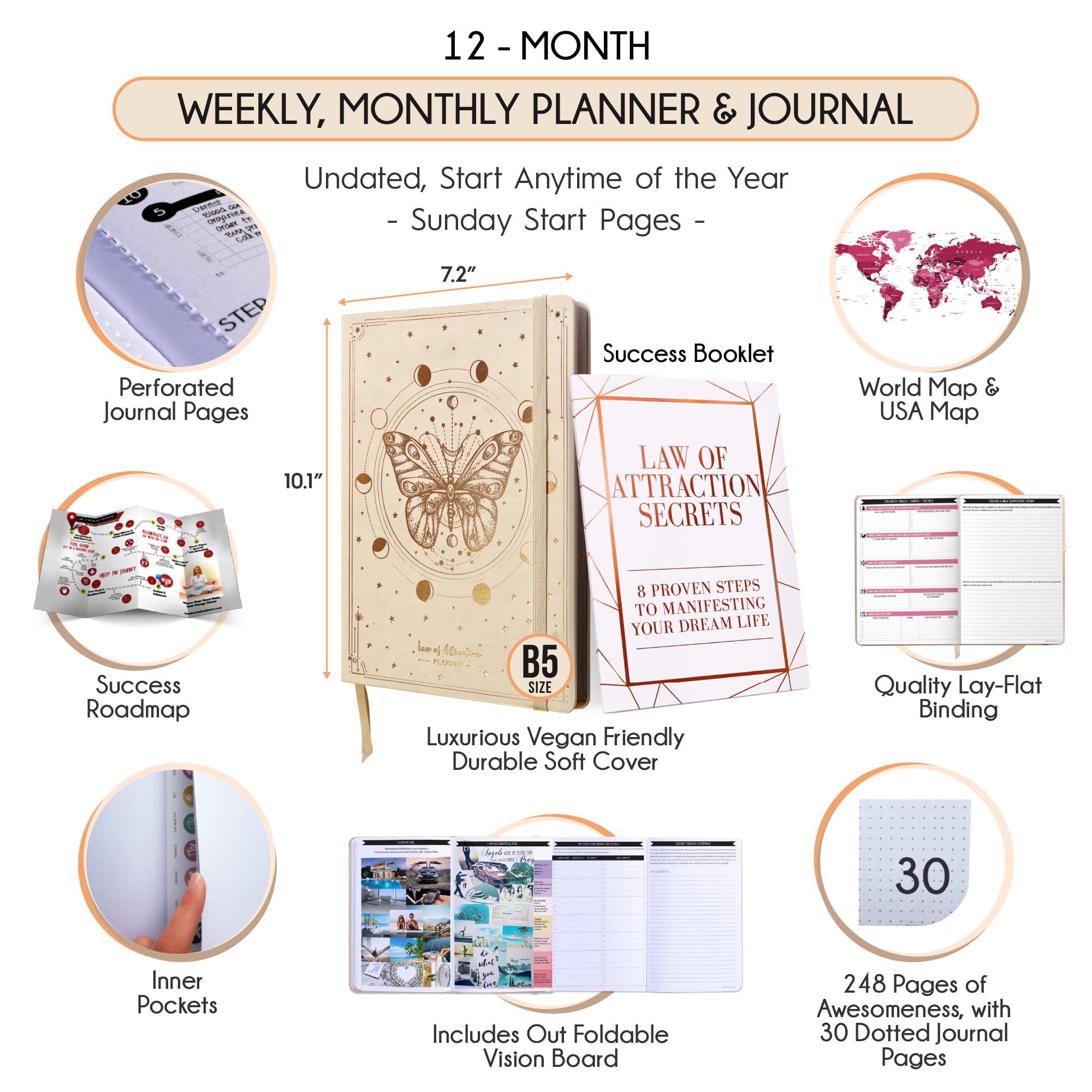 Law of Attraction Planner 2025 – Undated Hourly, Weekly & Monthly Goal Setting Planner | 12-Month Productivity Journal with Gratitude Tracking, Foldable Vision Board, Gift Box & Stickers | Perfect for Manifestation, Self-Improvement & Daily Organization