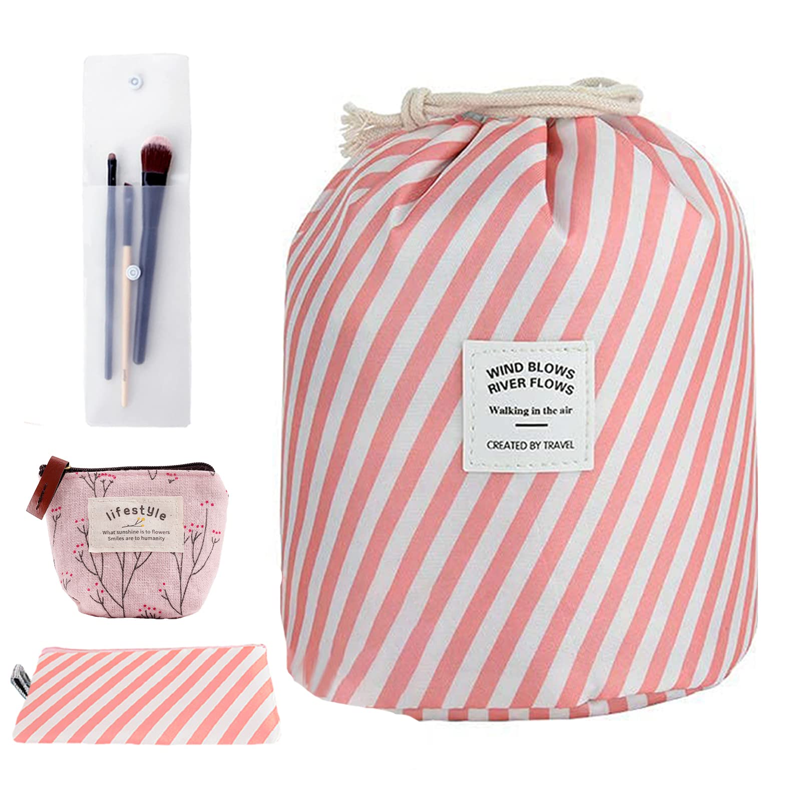 INVODA Large Waterproof Cosmetic Bag for Women - Portable Foldable Makeup Organizer with Drawstring, Multifunctional Travel Toiletry Pouch (Stripe Pink) | Perfect for Travel, Gym, Beach & Daily Makeup Storage