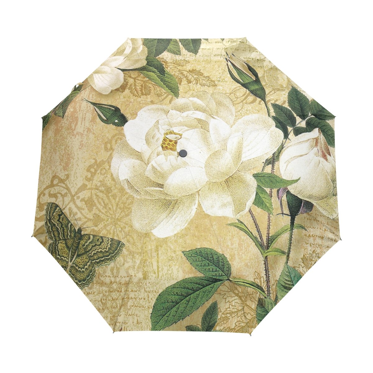 Vintage White Rose Floral Butterfly Compact Travel Umbrella - Windproof & Waterproof Auto Open Folding Umbrella with Canopy - Perfect Gift for Women, Travel, Wedding & Outdoor Events