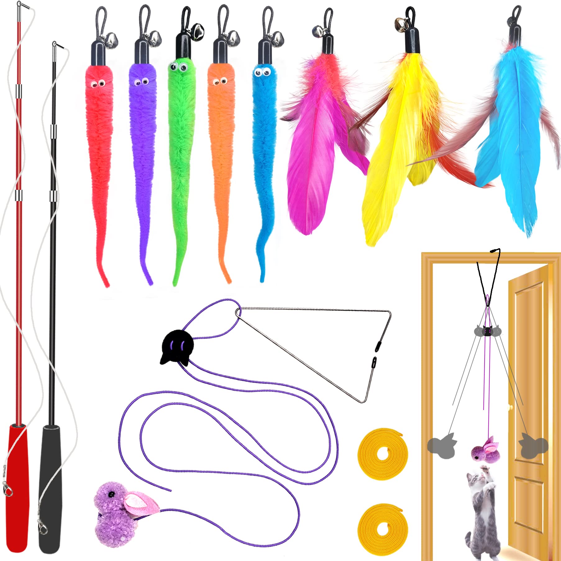 Interactive Cat Toys Set - 2PCS Retractable Cat Wands, 10PCS Teaser Toys & Hanging Door Lure with Feathers - Fun Exercise Toys for Indoor Cats & Kittens - Perfect for Playtime, Chase Games and Mental Stimulation