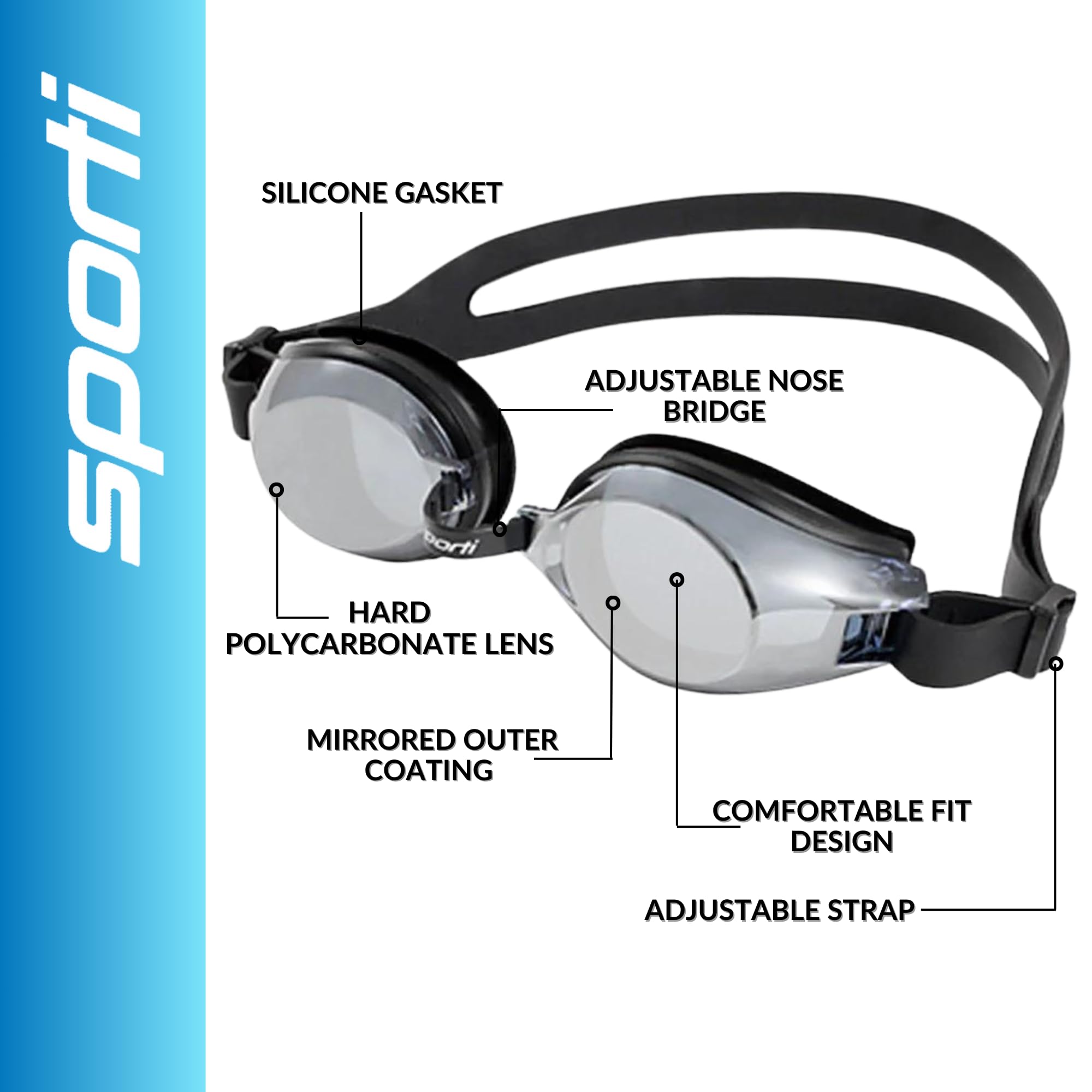 Sporti Unisex Adult Swimming Goggles - Anti-Fog & UV Protection Swim Goggles for Men & Women, Shatter-Resistant Mirror/Non-Mirror Lenses - Perfect for Lap Swimming, Training & Outdoor Water Sports