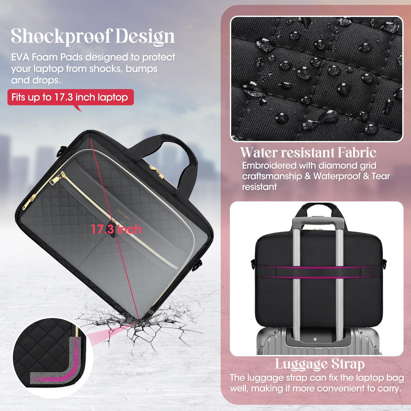 IGOLUMON 17.3 Inch Waterproof Laptop Messenger Bag for Women & Men - Business Office, Work, Travel & College Shoulder Bag - Durable Computer Briefcase (Black) - Perfect for Commuting, Business Trips & Campus Life