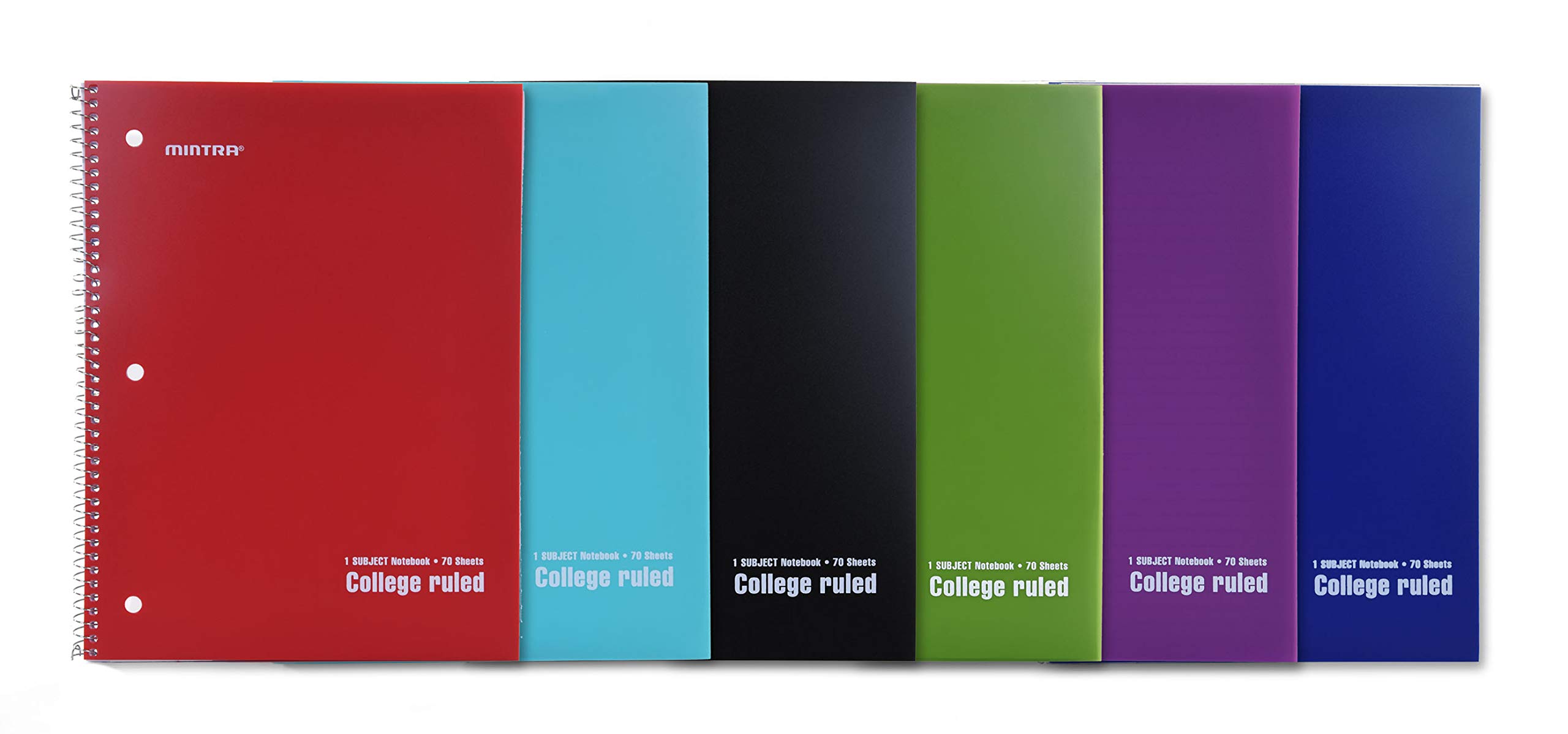 Mintra Spiral Notebooks 6-Pack - College Ruled, 70 Sheets, Durable Poly Cover for School, Office & Business | Perfect for Note-Taking, Journaling & Professional Meetings