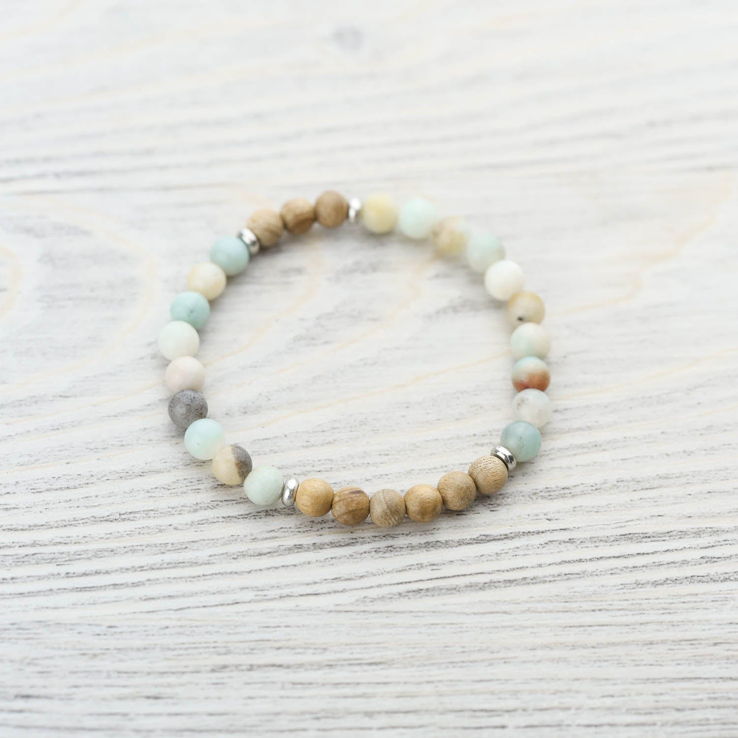 Amazonite & Sandalwood Serenity Wrist Mala Beads - Natural Stone Buddhist Prayer Bracelet for Meditation, Yoga & Stress Relief - Handmade Spiritual Jewelry for Mindfulness & Positive Energy