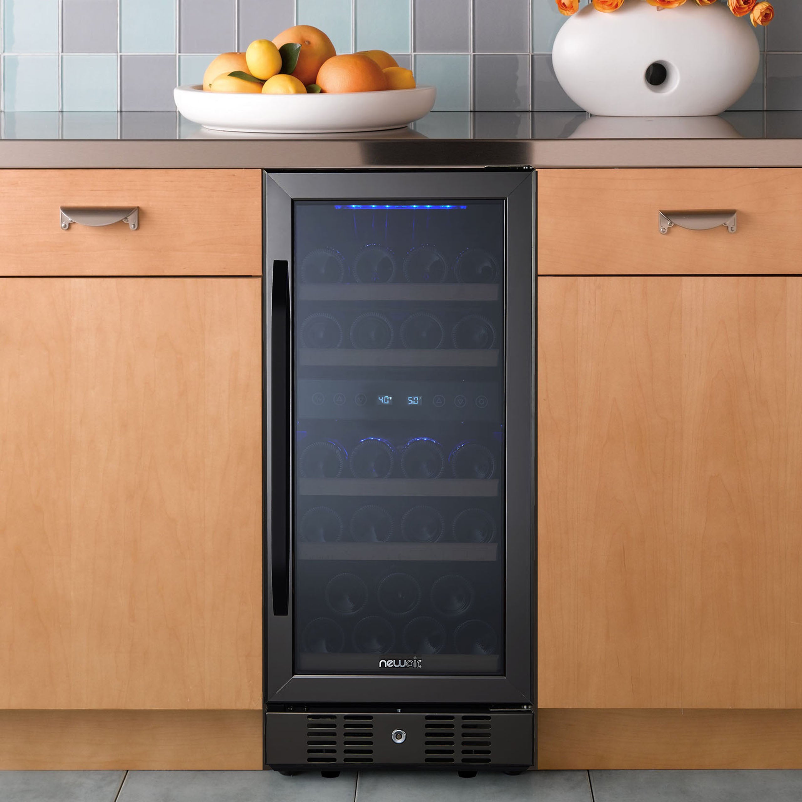 Newair® 29 Bottle 14.8 Cu. Ft. Black Built-In Dual Zone Wine Cooler Refrigerator - Perfect for Home Bars, Restaurants, and Wine Cellars