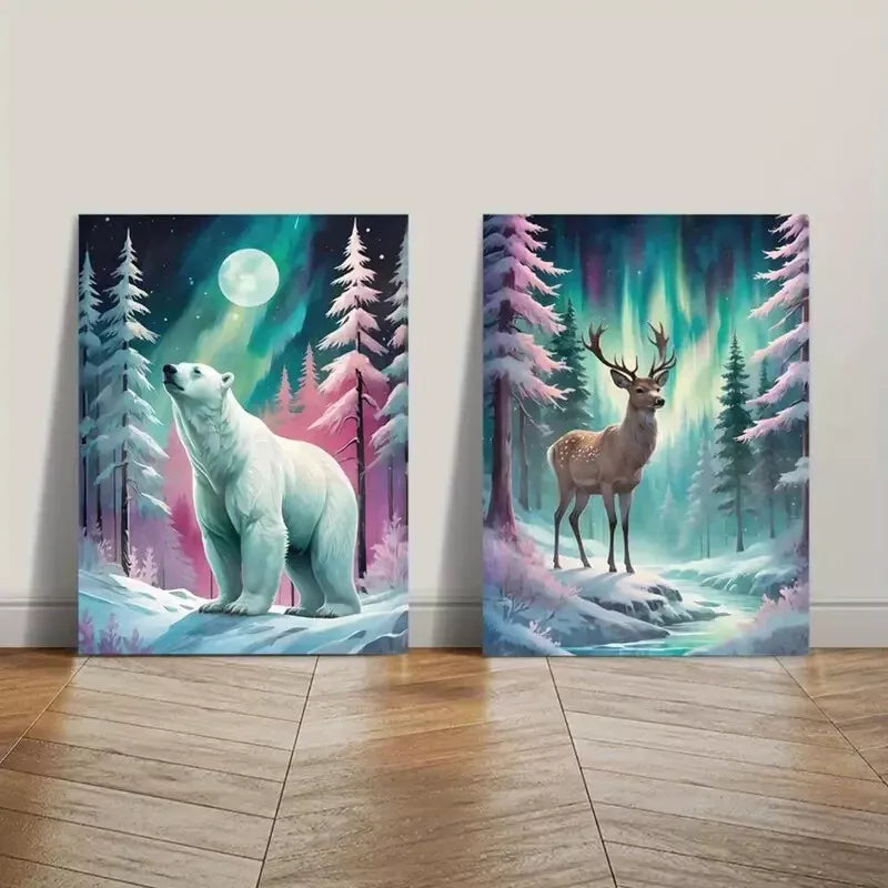 2PCS Northern Lights Wall Art - Bear and Deer Framed Canvas Print 50x75cm, High Quality Australian Made, Ready to Hang for Living Room & Bedroom Decor