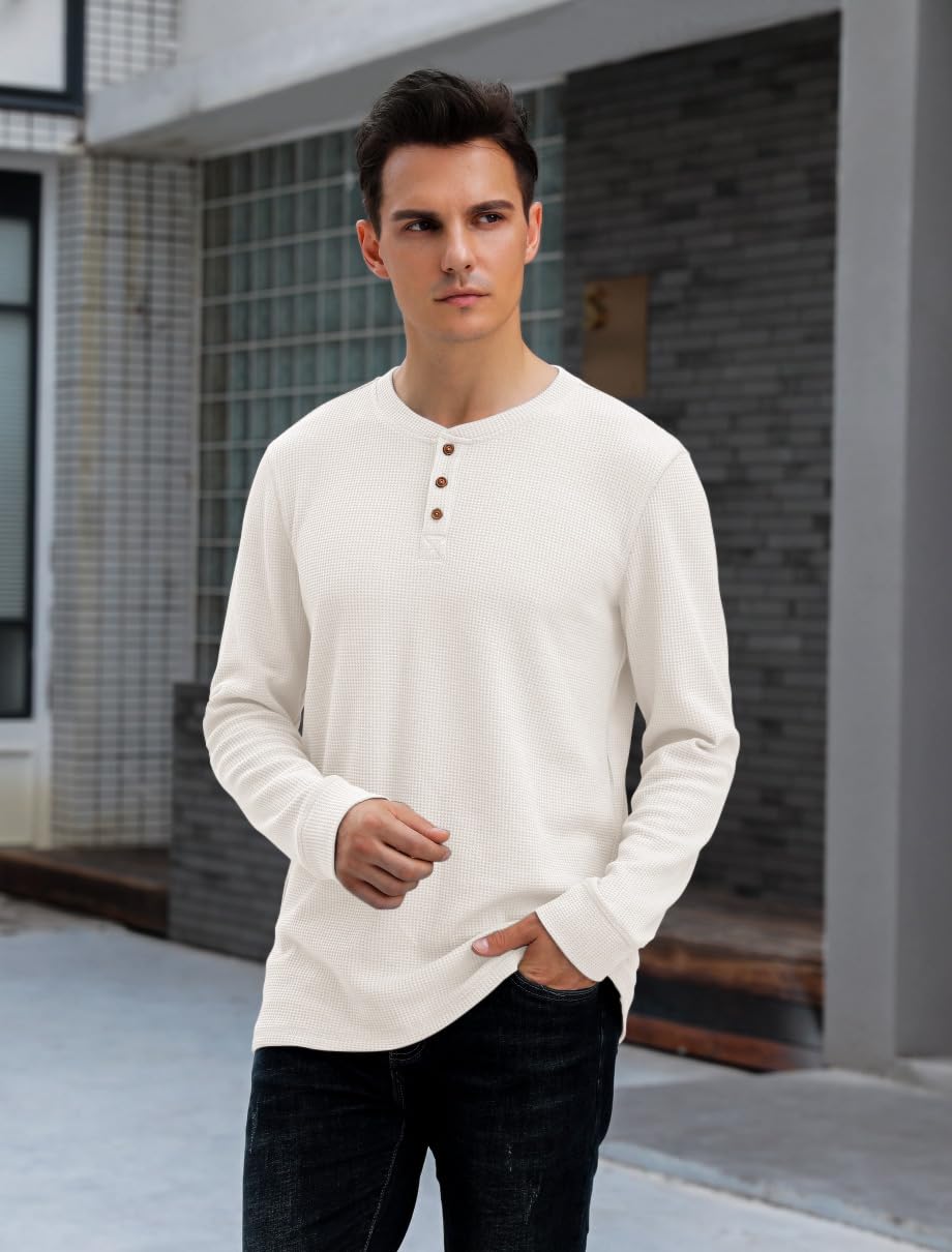 Men's Waffle Long Sleeve Henley Shirt - Soft Thermal Casual Button-Up Top for Fall & Winter Layering | Perfect for Outdoor Activities, Date Nights & Workwear
